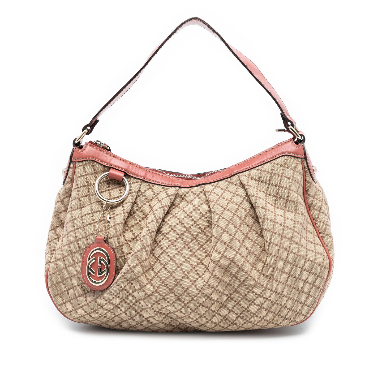 Gucci Sukey Brown Canvas Shoulder Bag with Leather Trim: Gucci Sukey Brown Canvas Shoulder Bag with Leather Trim This Gucci Sukey shoulder bag features a brown Diamante canvas body with leather trim, a flat leather strap, a top zip closure, and interior zip