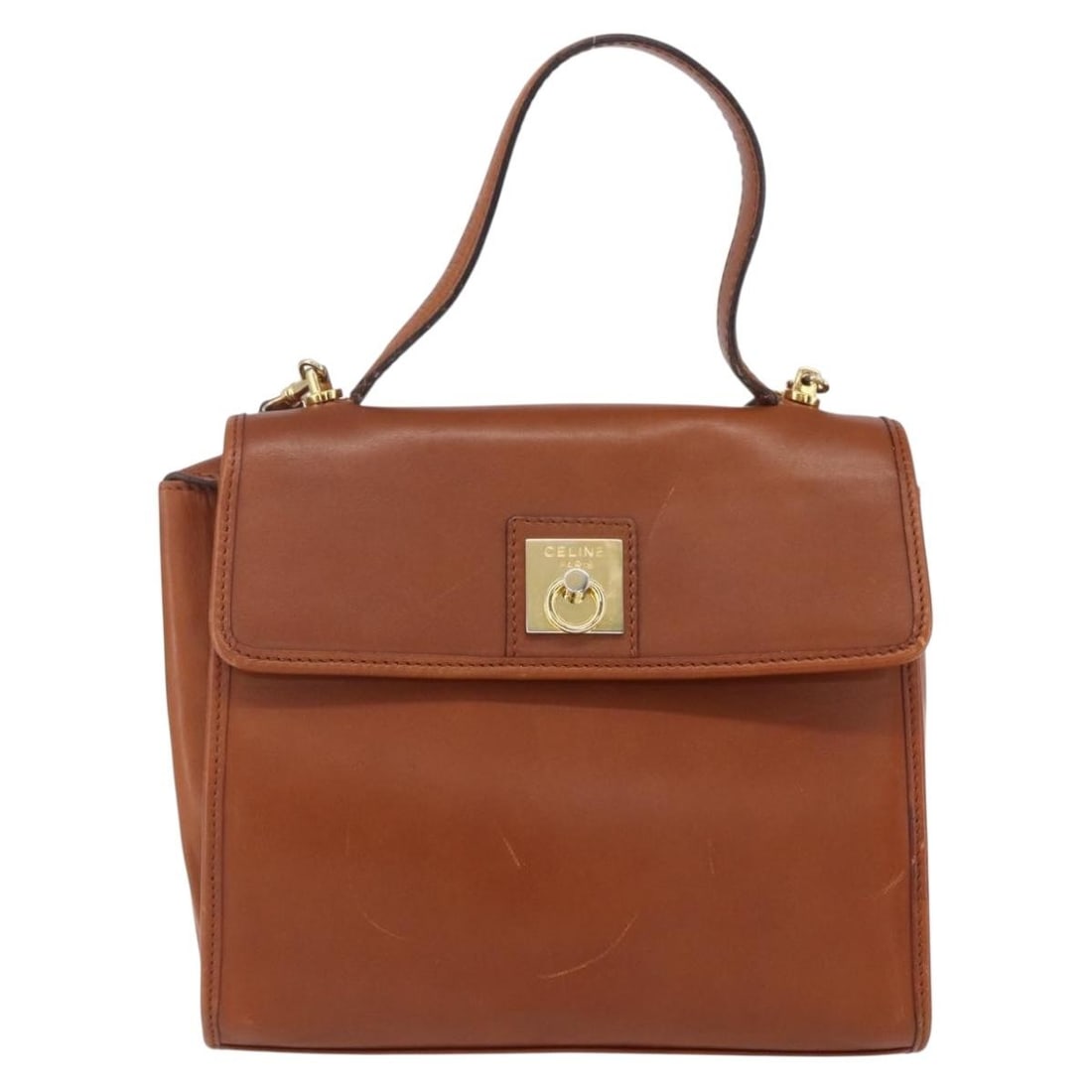 Brown Leather Handbag by Celine 22cm by 18cm by 7cm: Brown Leather Handbag by Celine 22cm by 18cm by 7cm This pre-owned Celine handbag for women features brown leather construction with signs of use including surface rubbing, stains, and scratches. The 
