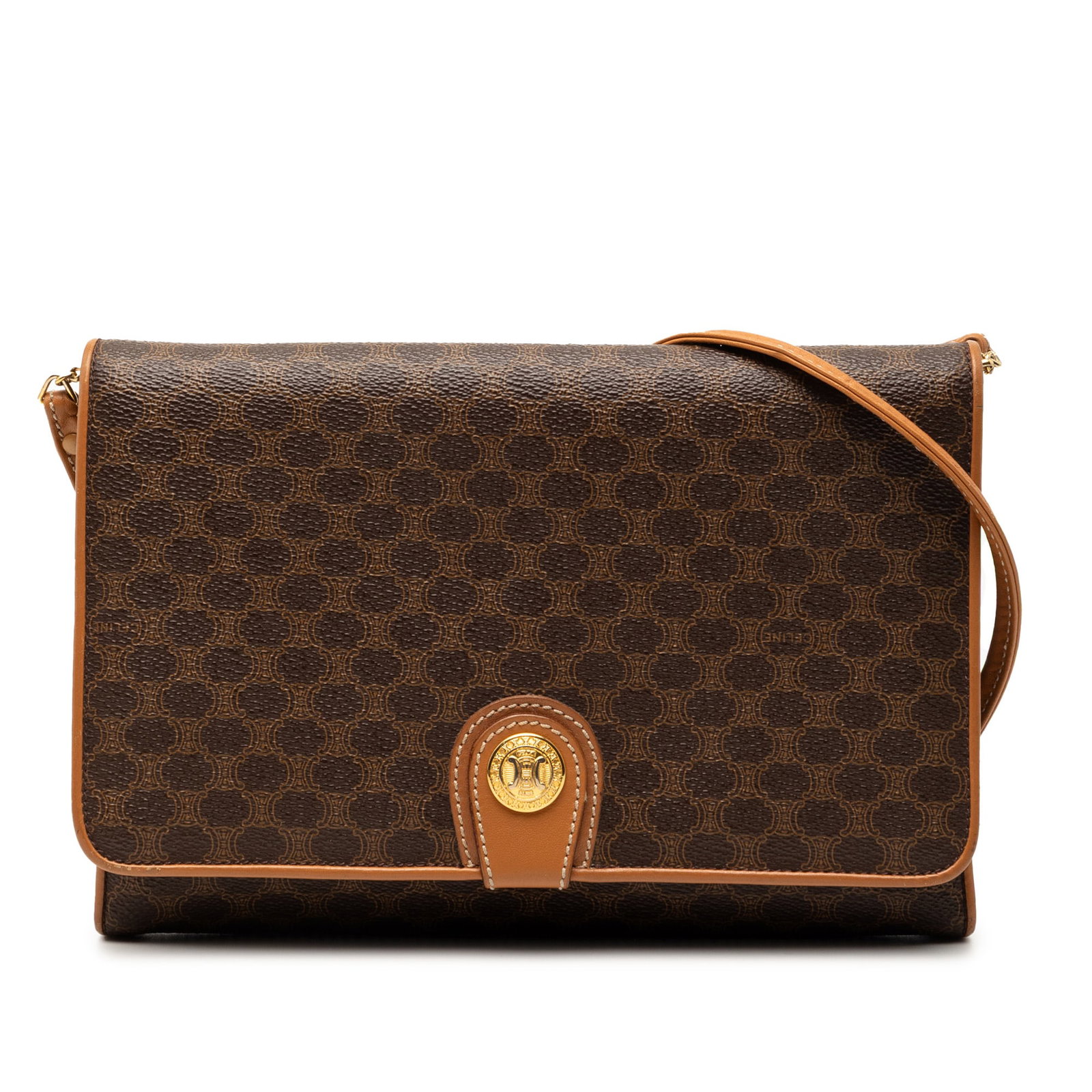 Celine Macadam Brown Coated Canvas Crossbody Bag with Leather Trim: Celine Macadam Brown Coated Canvas Crossbody Bag with Leather Trim This Celine Macadam crossbody bag is crafted from coated canvas with leather trim and features a flat leather strap, a front flap wit
