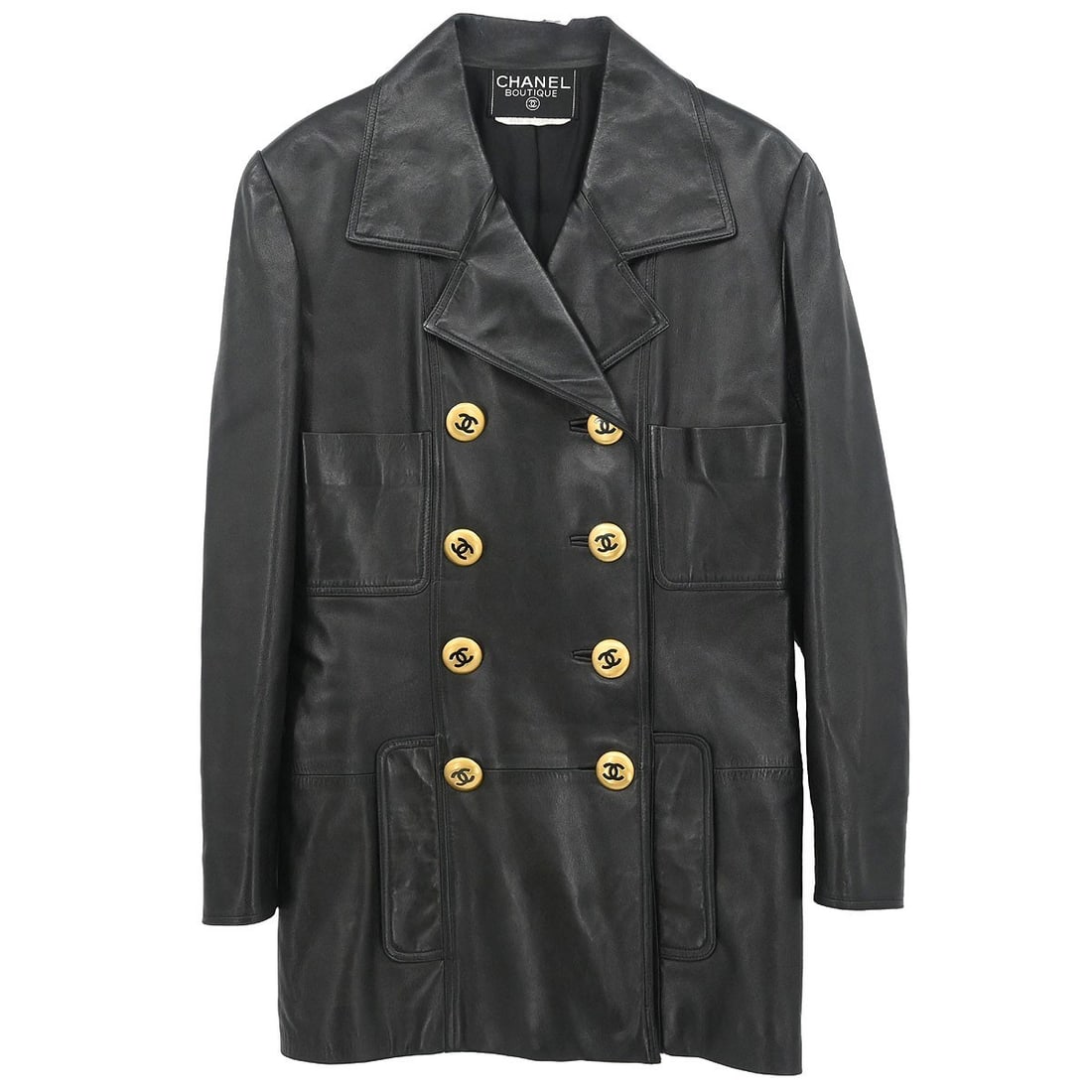 Black Leather Double Breasted Chanel Mid-Length Women's Jacket: Black Leather Double Breasted Chanel Mid-Length Women's Jacket This Chanel double-breasted jacket features a black leather outer shell and a mid-length silhouette. Designed with long sleeves, button c