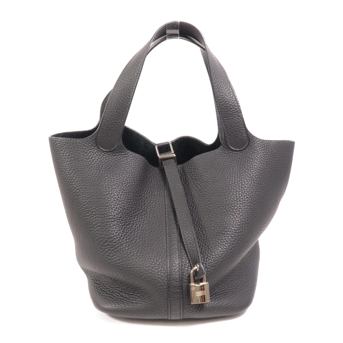 Hermes Picotin MM Black Taurillon Clemence Leather Handbag: Hermes Picotin MM Black Taurillon Clemence Leather Handbag This HERMES Picotin MM tote bag is crafted from Taurillon Clemence leather in a classic black color. Designed for women, it features a regula
