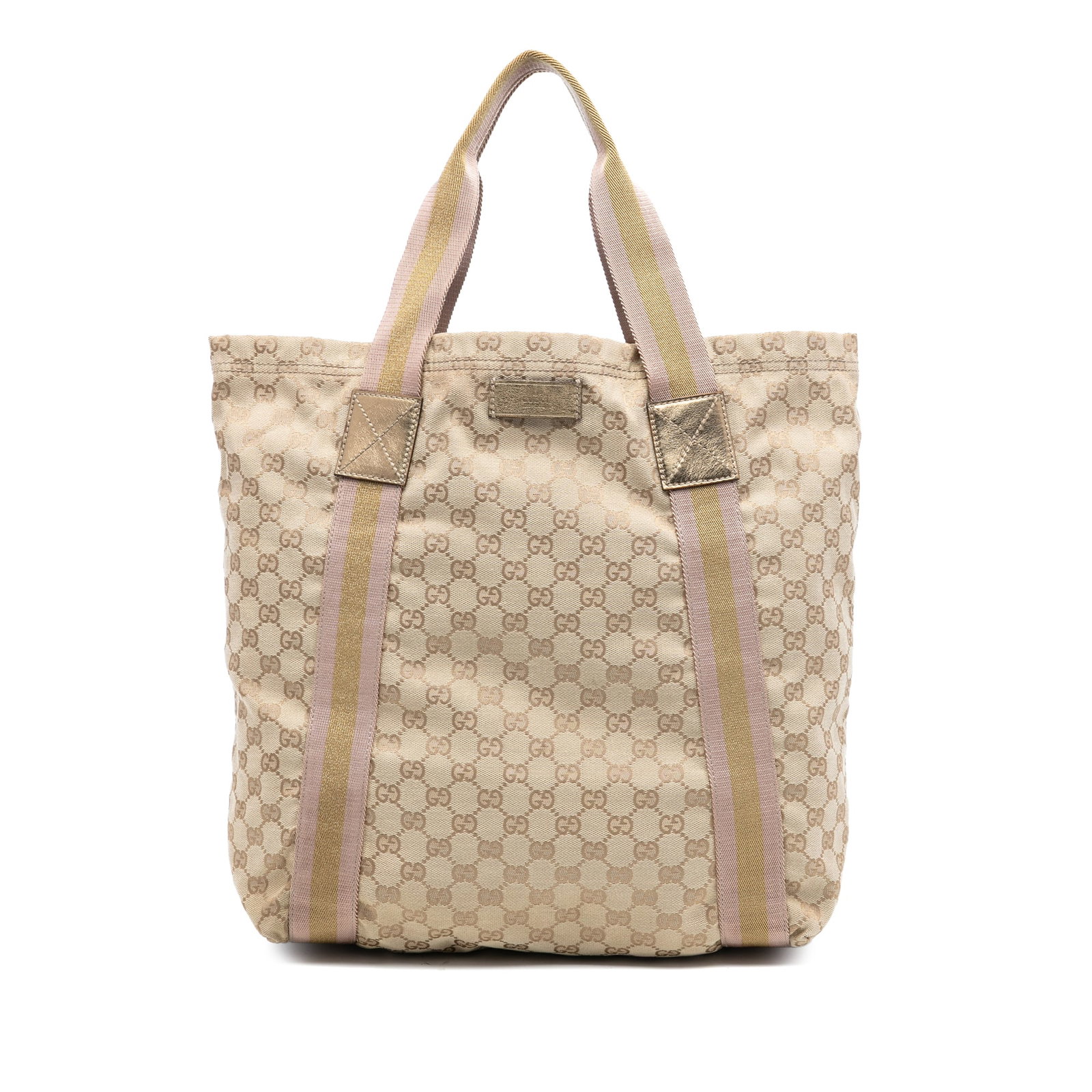 GG Canvas Web Brown Tote Bag by Gucci: GG Canvas Web Brown Tote Bag by Gucci This Gucci GG Canvas Web Tote features a brown fabric body with flat straps, an open top, and interior slip pockets. The bag displays signs of wear, including sta