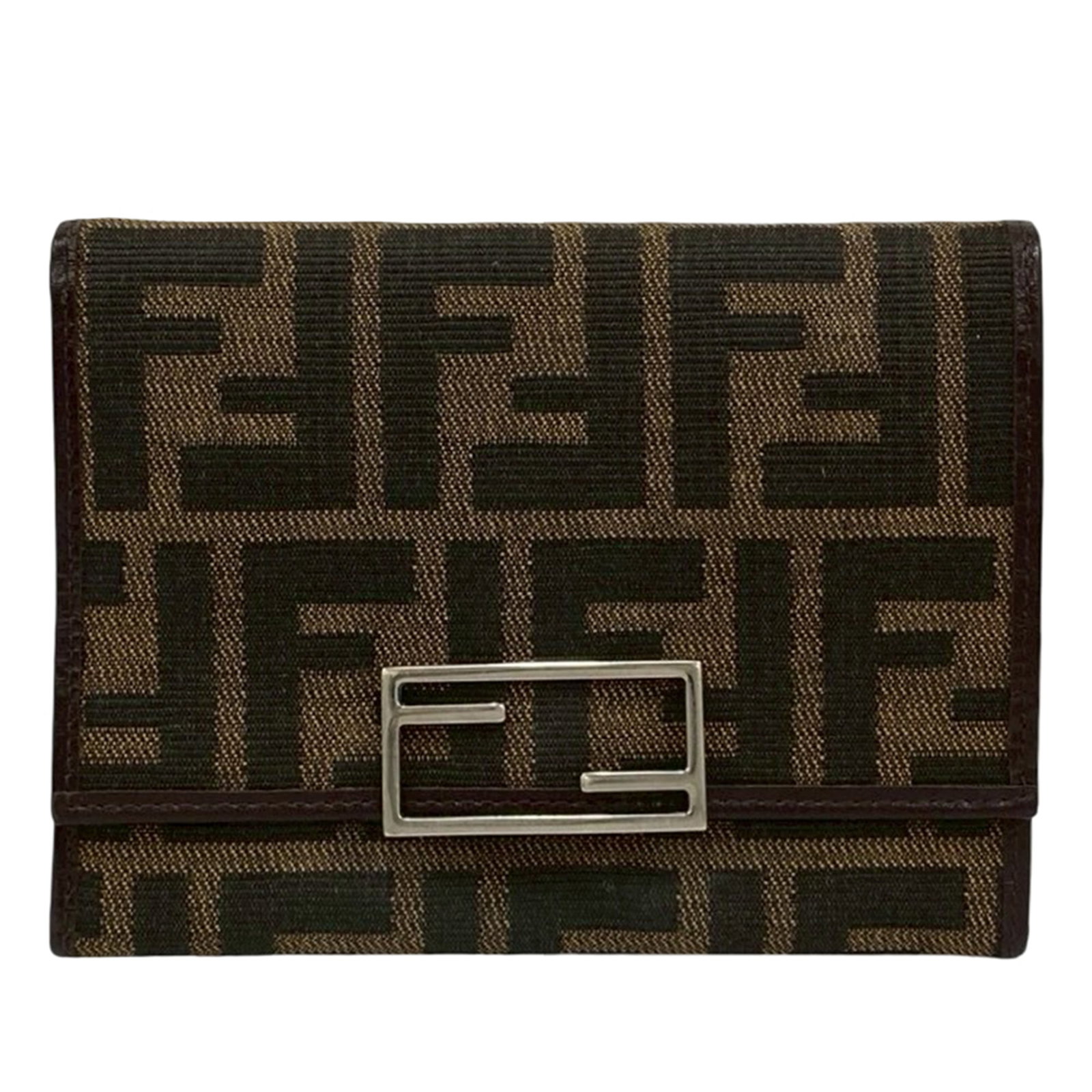 Brown Fabric Small Wallet with Leather Trim by Fendi Zucca: Brown Fabric Small Wallet with Leather Trim by Fendi Zucca This Fendi Zucca Canvas Wallet features a compact design crafted from canvas with leather trim. It is styled with a front flap and secure but