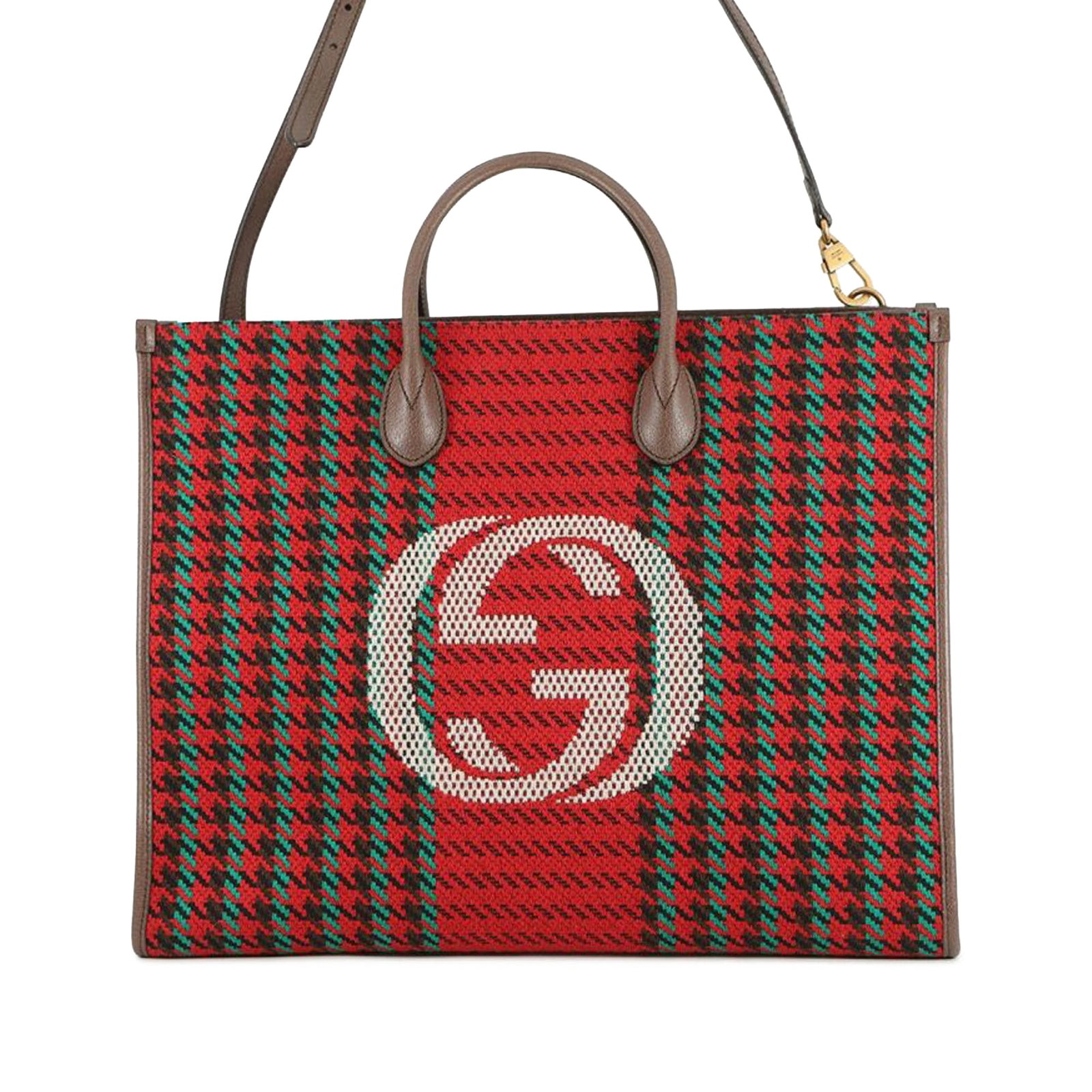 Gucci Interlocking G Houndstooth Stripe Tweed Satchel with Leather Handles: Gucci Interlocking G Houndstooth Stripe Tweed Satchel with Leather Handles This Gucci Interlocking G Tweed Houndstooth Stripe Satchel features a tweed fabric body with a distinctive houndstooth stripe