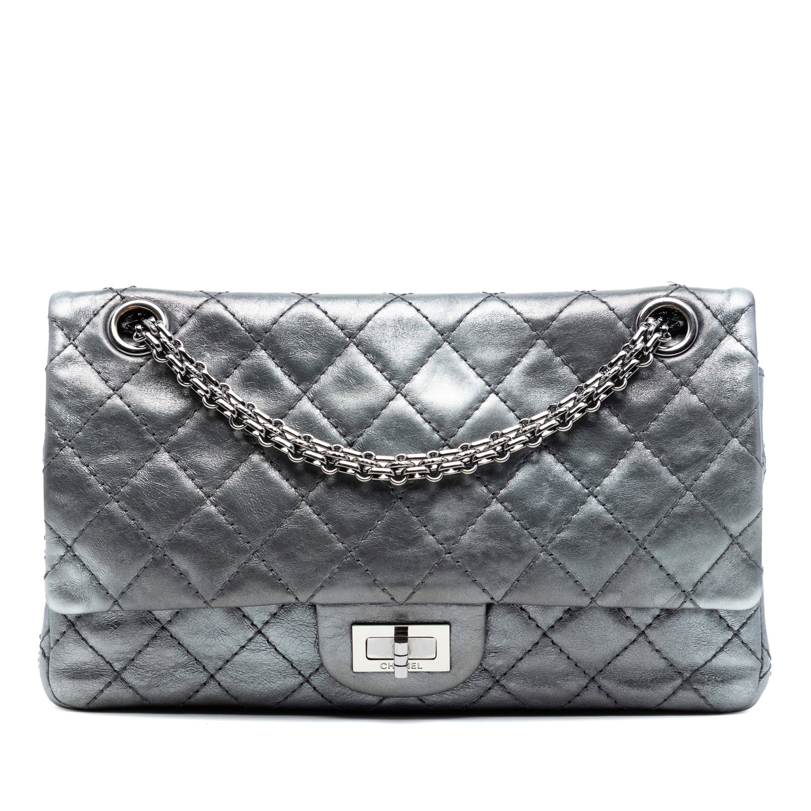 Chanel Reissue 2.55 Double Flap 225 Quilted Leather Shoulder Bag with Pouch: Chanel Reissue 2.55 Double Flap 225 Quilted Leather Shoulder Bag with Pouch This Chanel Reissue 2.55 Double Flap 225 shoulder bag is crafted from quilted aged calfskin leather and features silver-tone