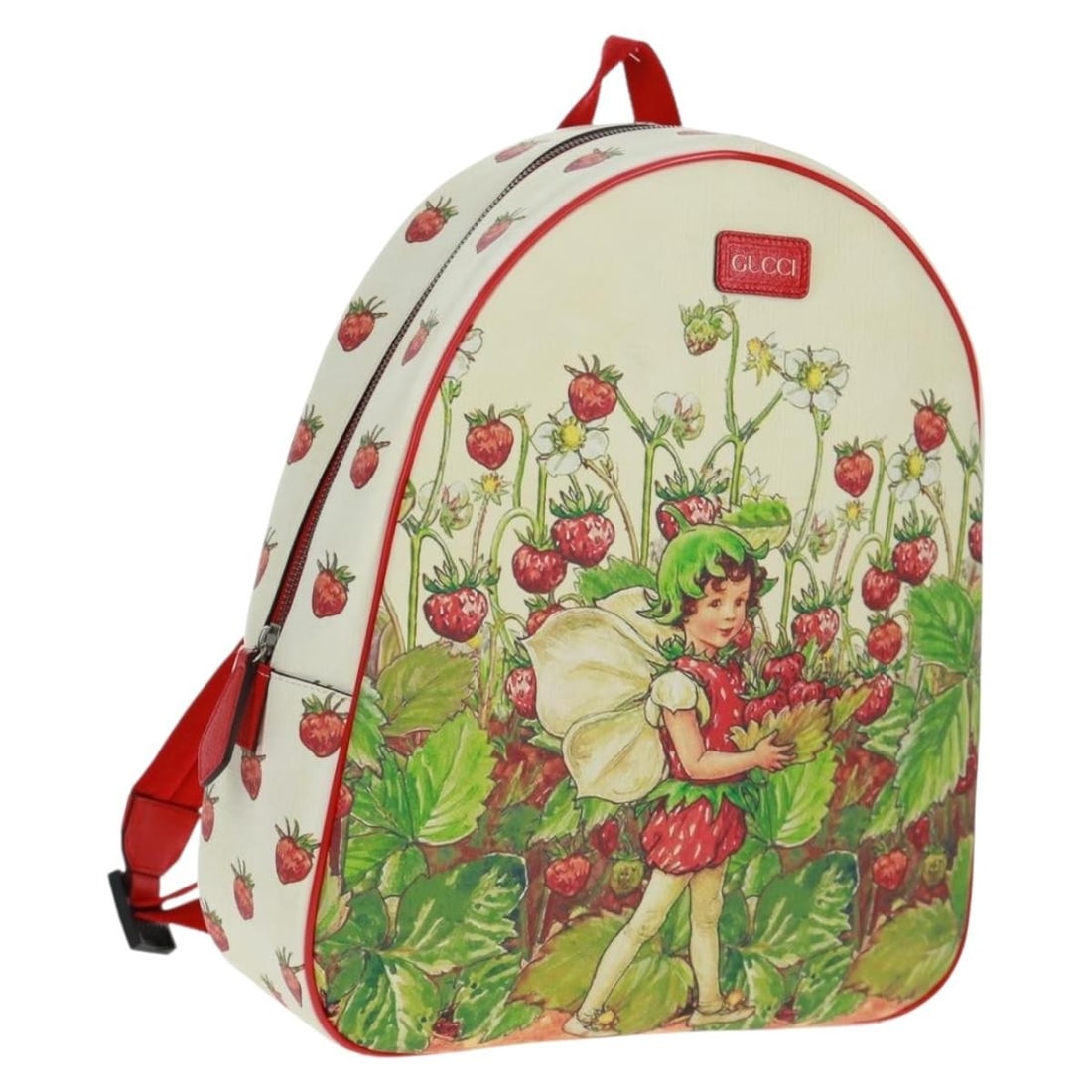 Gucci Strawberry Fairy Red Silver PVC Kids Backpack Model 433578 with Dust Bag: Gucci Strawberry Fairy Red Silver PVC Kids Backpack Model 433578 with Dust Bag This GUCCI children's backpack features a playful strawberry fairy design in red and silver PVC leather. The bag is craft