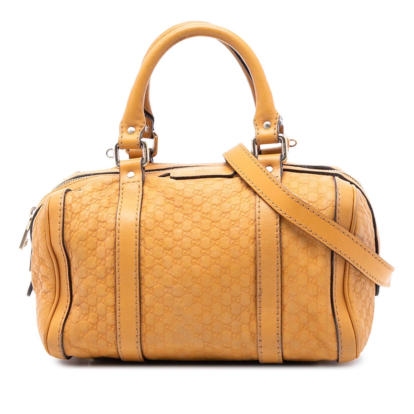 Gucci Microguccissima Joy Boston Yellow Leather Small Satchel with Strap: Gucci Microguccissima Joy Boston Yellow Leather Small Satchel with Strap The Gucci Small Microguccissima Joy Boston Bag is crafted from embossed leather in a vibrant yellow hue. It features rolled lea