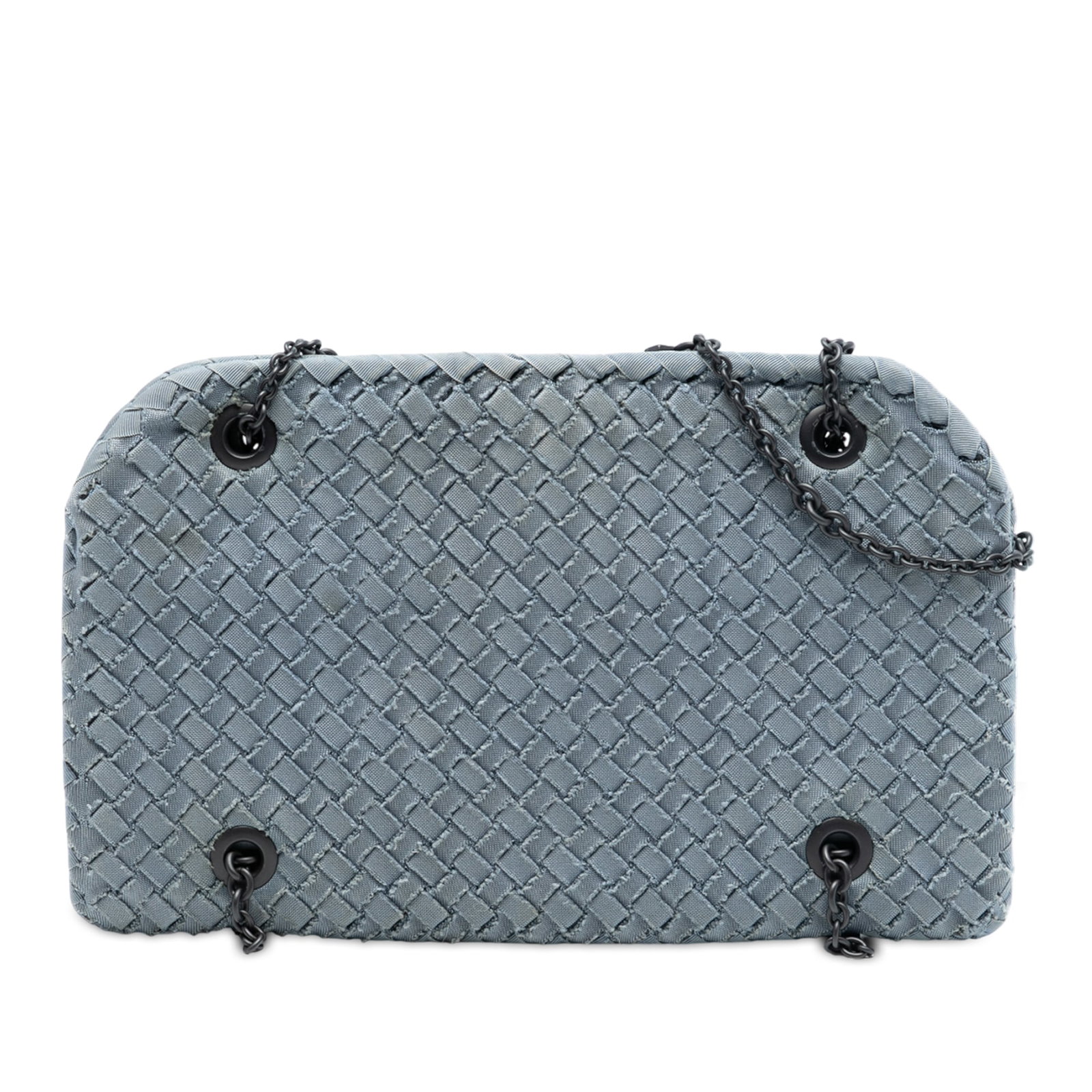 Bottega Veneta Duo Blue Woven Grosgrain Shoulder Bag with Chain Straps: Bottega Veneta Duo Blue Woven Grosgrain Shoulder Bag with Chain Straps This Bottega Veneta Duo shoulder bag showcases the brand's signature woven grosgrain design. The bag features chain link straps a