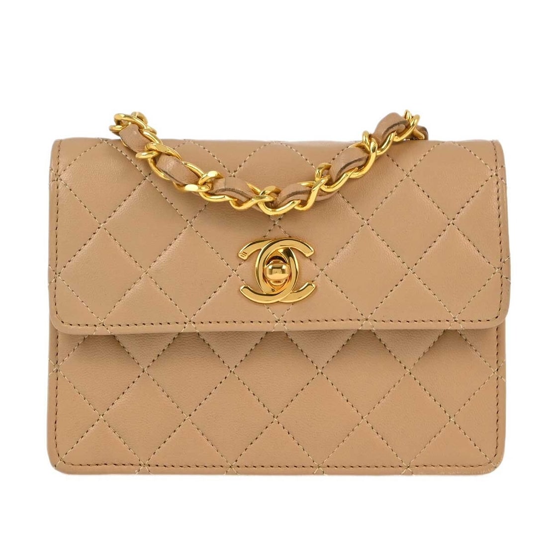 Chanel Classic Single Flap Beige Lambskin Shoulder Bag with Gold Hardware: Chanel Classic Single Flap Beige Lambskin Shoulder Bag with Gold Hardware Elevate your accessory collection with this Chanel Beige Lambskin Straight Flap Shoulder Bag. Crafted from luxurious lambskin 
