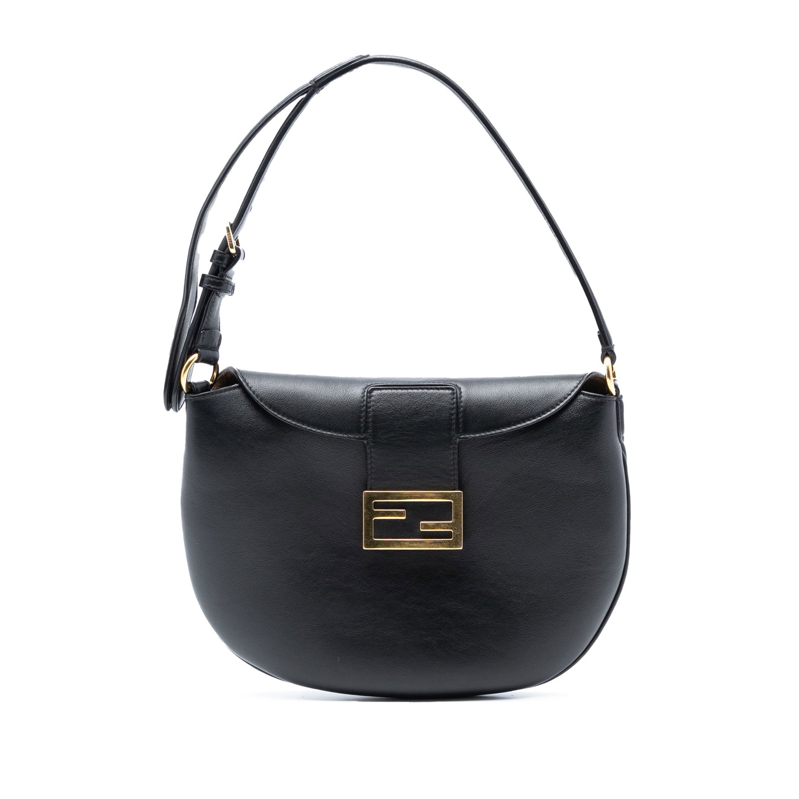 Fendi Croissant Hobo Black Leather Shoulder Bag Small Size: Fendi Croissant Hobo Black Leather Shoulder Bag Small Size The Fendi Small Leather Croissant Hobo Bag showcases a black leather body, an adjustable flat leather strap, and a flap with a magnetic snap 