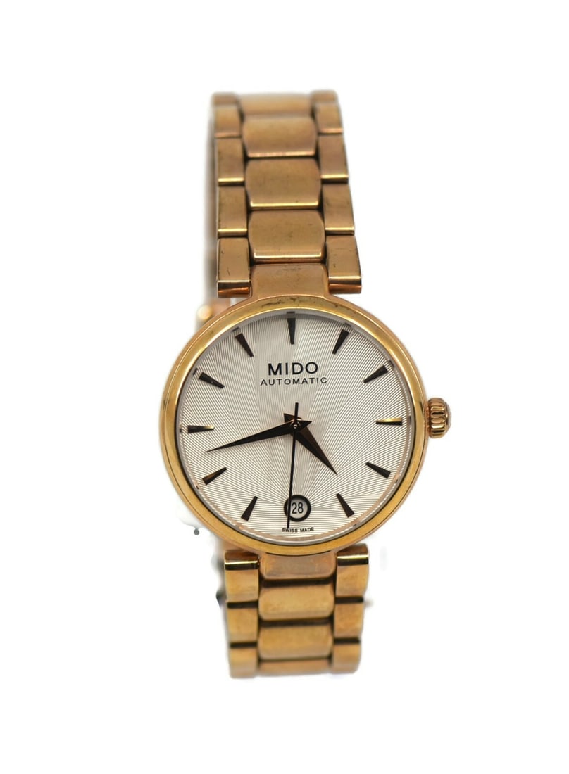 Mido Baroncelli Donna Gold Plated Stainless Steel Watch M022.207.33.031.10 Authentic: Mido Baroncelli Donna Gold Plated Stainless Steel Watch M022.207.33.031.10 Authentic Introducing the Mido Baroncelli Donna wristwatch, a stunning blend of elegance and functionality. This exquisite ti