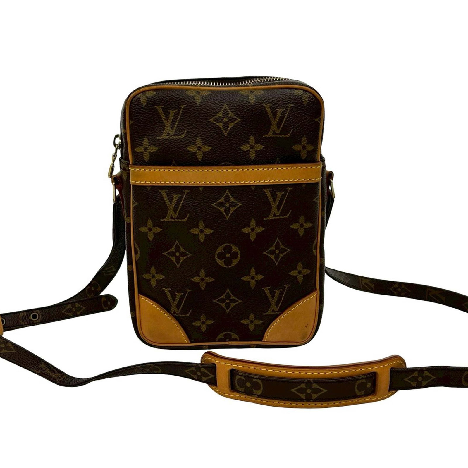 Louis Vuitton Danube Shoulder Bag with Monogram Canvas and Leather Trim: Louis Vuitton Danube Shoulder Bag with Monogram Canvas and Leather Trim The Louis Vuitton Monogram Danube features a monogram canvas body with vachetta leather trim and an adjustable flat shoulder str