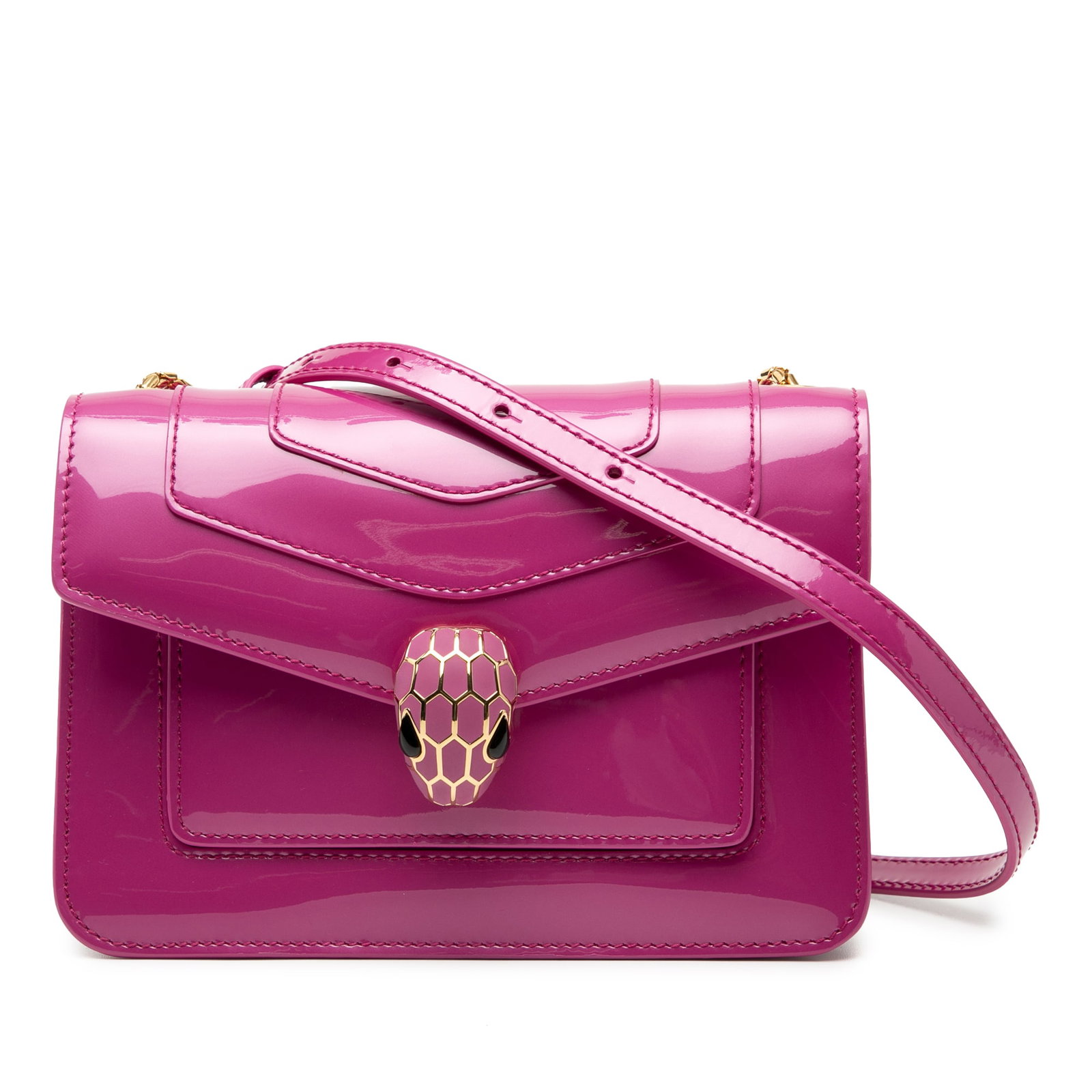Pink Patent Leather Serpenti Forever Crossbody Bag by Bvlgari: Pink Patent Leather Serpenti Forever Crossbody Bag by Bvlgari This Bvlgari Serpenti Forever crossbody bag features a glossy patent leather exterior in pink. Its design includes a chain link and adjust