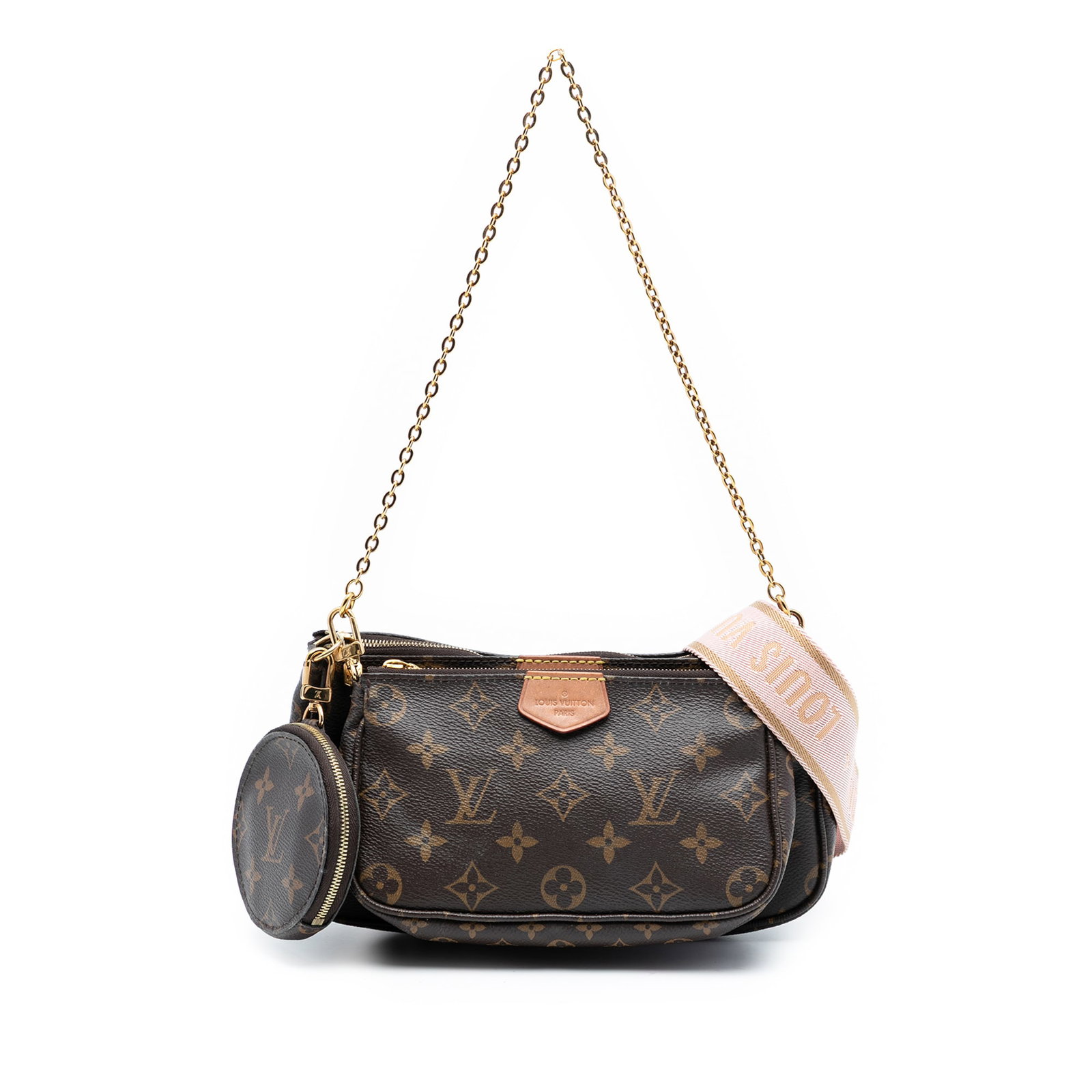 Louis Vuitton Multi Pochette Monogram Canvas Shoulder Bag with Removable Pouches: Louis Vuitton Multi Pochette Monogram Canvas Shoulder Bag with Removable Pouches This Louis Vuitton Multi Pochette Accessoires features a monogram canvas body with a detachable chain link strap and a 