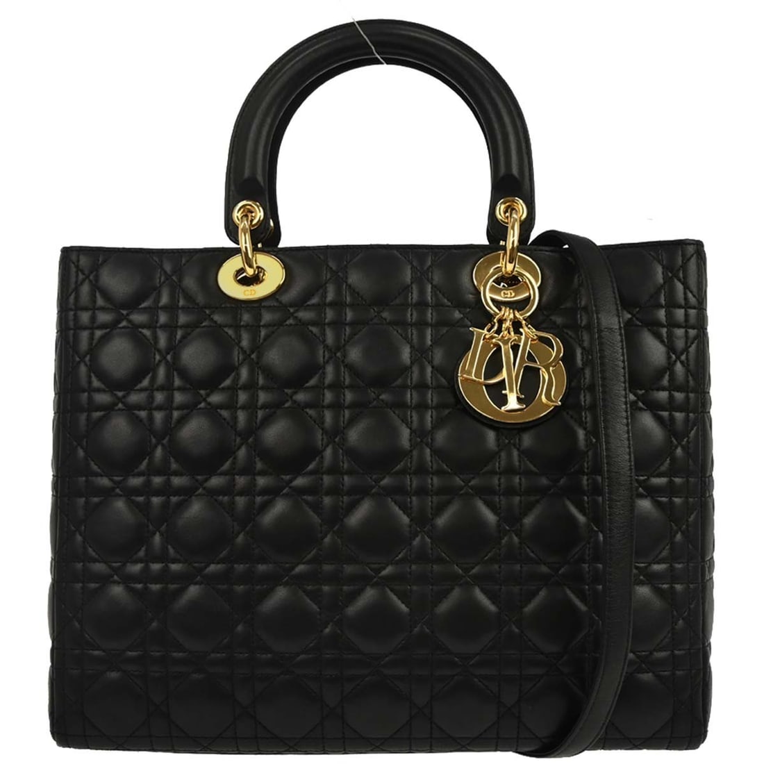 Lady Dior Large Black Quilted Lambskin Cannage Satchel with Two Carry Options: Lady Dior Large Black Quilted Lambskin Cannage Satchel with Two Carry Options This Christian Dior Lady Dior handbag features luxurious black lambskin with the signature Dior Cannage quilted pattern. D