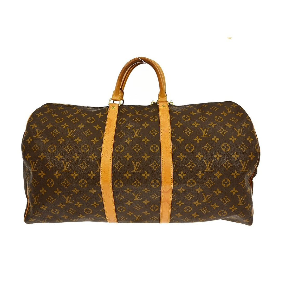 Louis Vuitton Keepall Monogram Brown Canvas Travel Bag 55cm: Louis Vuitton Keepall Monogram Brown Canvas Travel Bag 55cm This Louis Vuitton Keepall Bag features the iconic Monogram canvas in brown and is designed for unisex use. The bag shows exterior scuffs, s