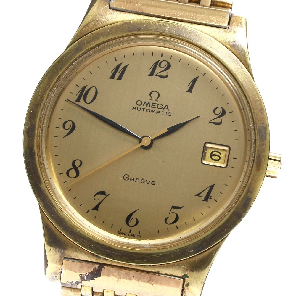 Omega Geneva Date Automatic Men's Wristwatch Ref 166.0168: Omega Geneva Date Automatic Men's Wristwatch Ref 166.0168 This OMEGA Geneva Date men's wristwatch, reference 166.0168, features a gold-tone dial and an automatic Caliber 1012 movement. The case and br