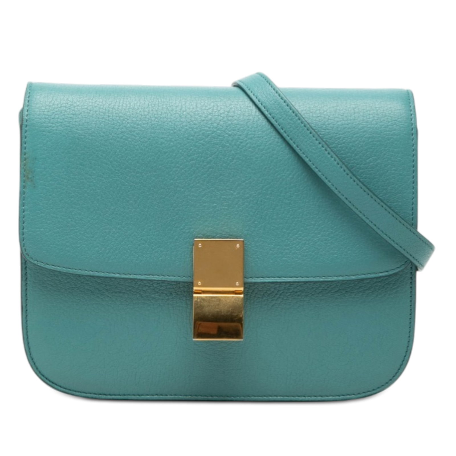 Celine Classic Box Medium Blue Leather Crossbody Bag with Flap and Metal Clasp: Celine Classic Box Medium Blue Leather Crossbody Bag with Flap and Metal Clasp This Celine Medium Calfskin Classic Box crossbody bag features a blue leather body with a front flap secured by a metal c