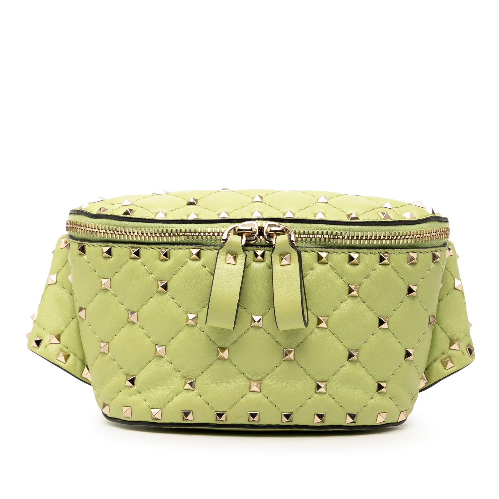 Valentino Green Nappa Rockstud Spike Leather Belt Bag: Valentino Green Nappa Rockstud Spike Leather Belt Bag The Valentino Nappa Rockstud Spike Belt Bag is a stylish accessory featuring a quilted leather body adorned with distinctive rockstud details. Thi