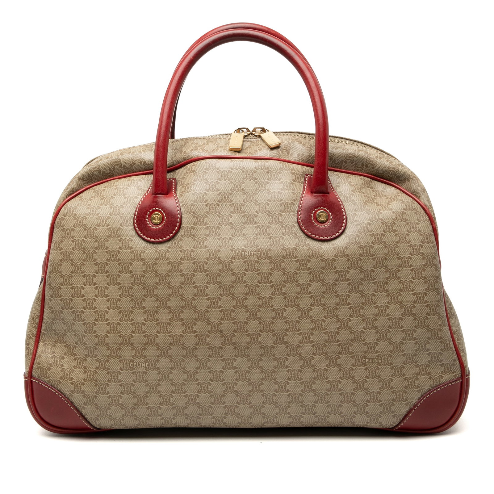 Celine Macadam Beige Coated Canvas Tote with Leather Trim: Celine Macadam Beige Coated Canvas Tote with Leather Trim This Celine Macadam handbag features a beige coated canvas body with leather trim and rolled leather handles. It is designed with a top zip cl