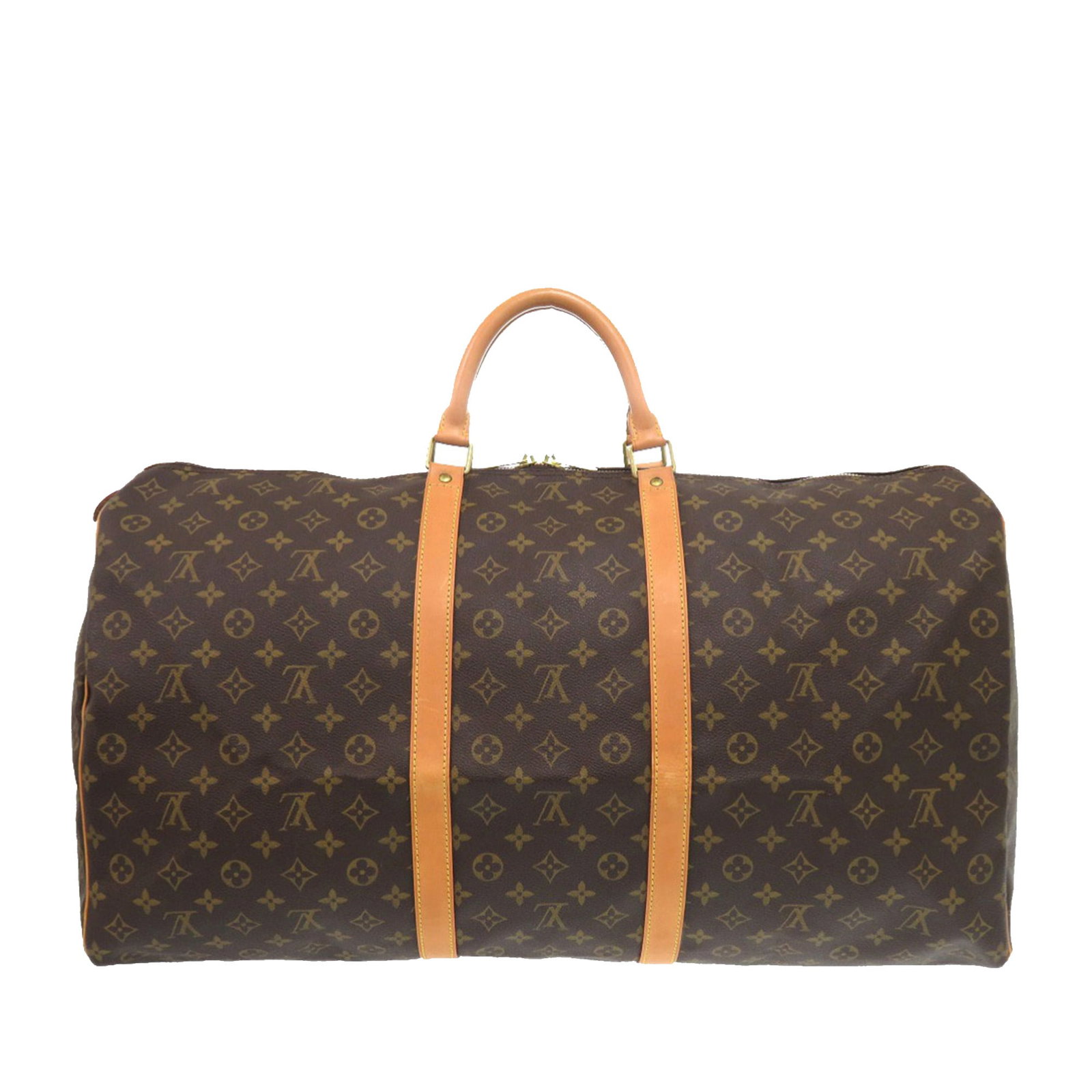 Louis Vuitton Keepall 60 Monogram Canvas Travel Bag With Leather Trim: Louis Vuitton Keepall 60 Monogram Canvas Travel Bag With Leather Trim The Louis Vuitton Monogram Keepall 60 is crafted from signature monogram canvas with vachetta leather trim and rolled leather hand