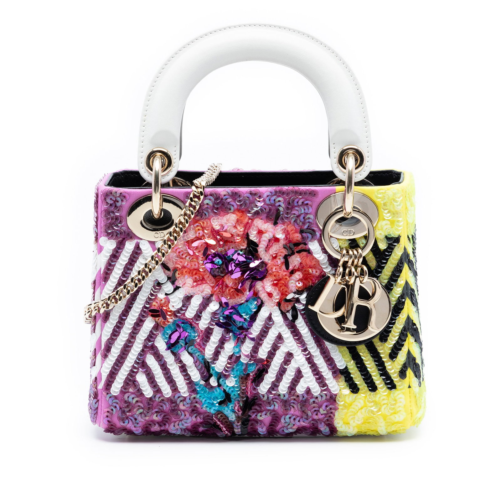 Dior Mini Lady Dior Bag with Sequin Flower Pop Canvas and Leather Strap: Dior Mini Lady Dior Bag with Sequin Flower Pop Canvas and Leather Strap This Mini Canvas Sequin Flower Pop Lady Dior bag features a purple sequin-embellished canvas exterior, flat leather handles, and