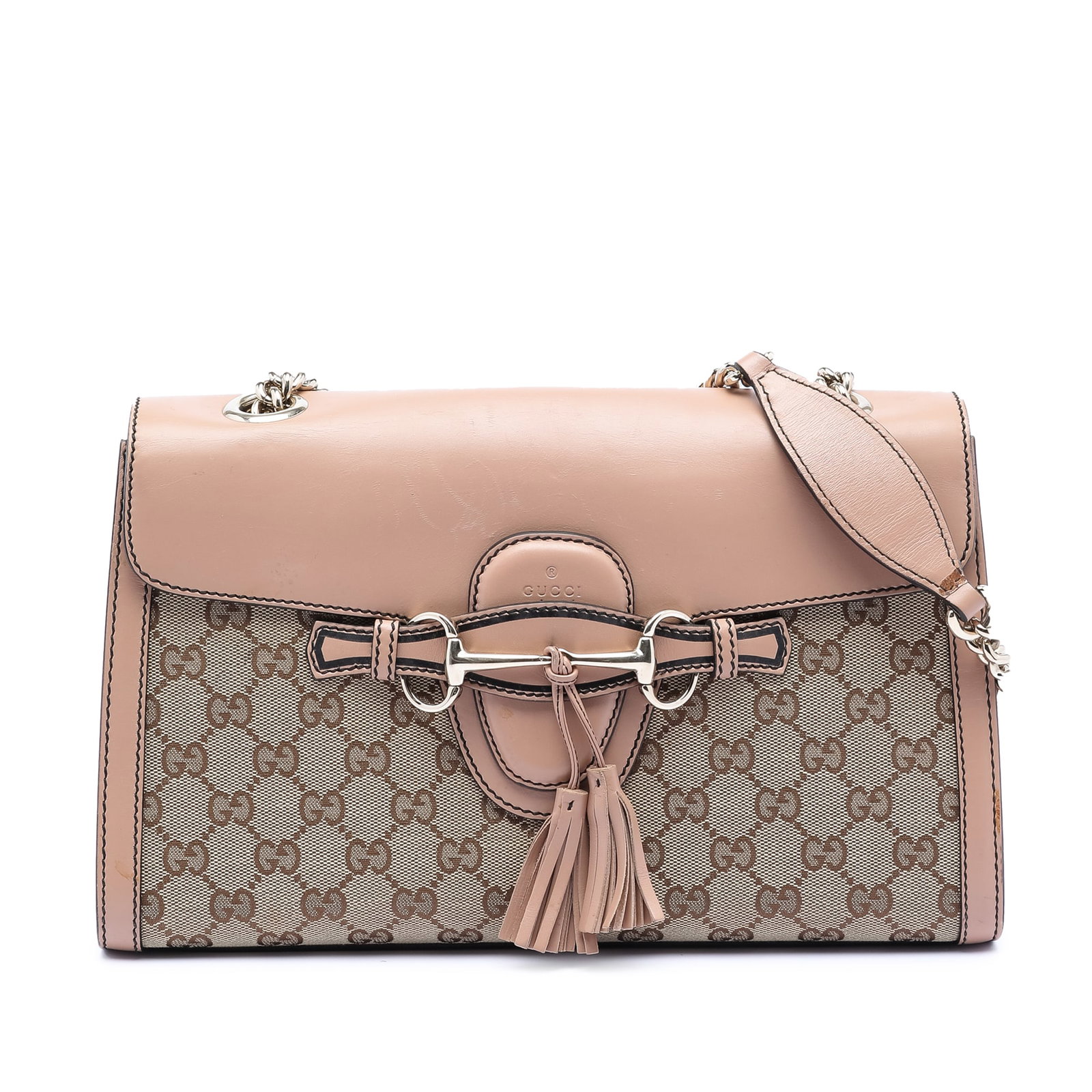 Gucci Emily Shoulder Bag Medium GG Canvas with Leather Trim: Gucci Emily Shoulder Bag Medium GG Canvas with Leather Trim This Gucci Medium GG Canvas Emily Shoulder Bag features a canvas body with leather trim, a chain-link shoulder strap with a leather shoulder