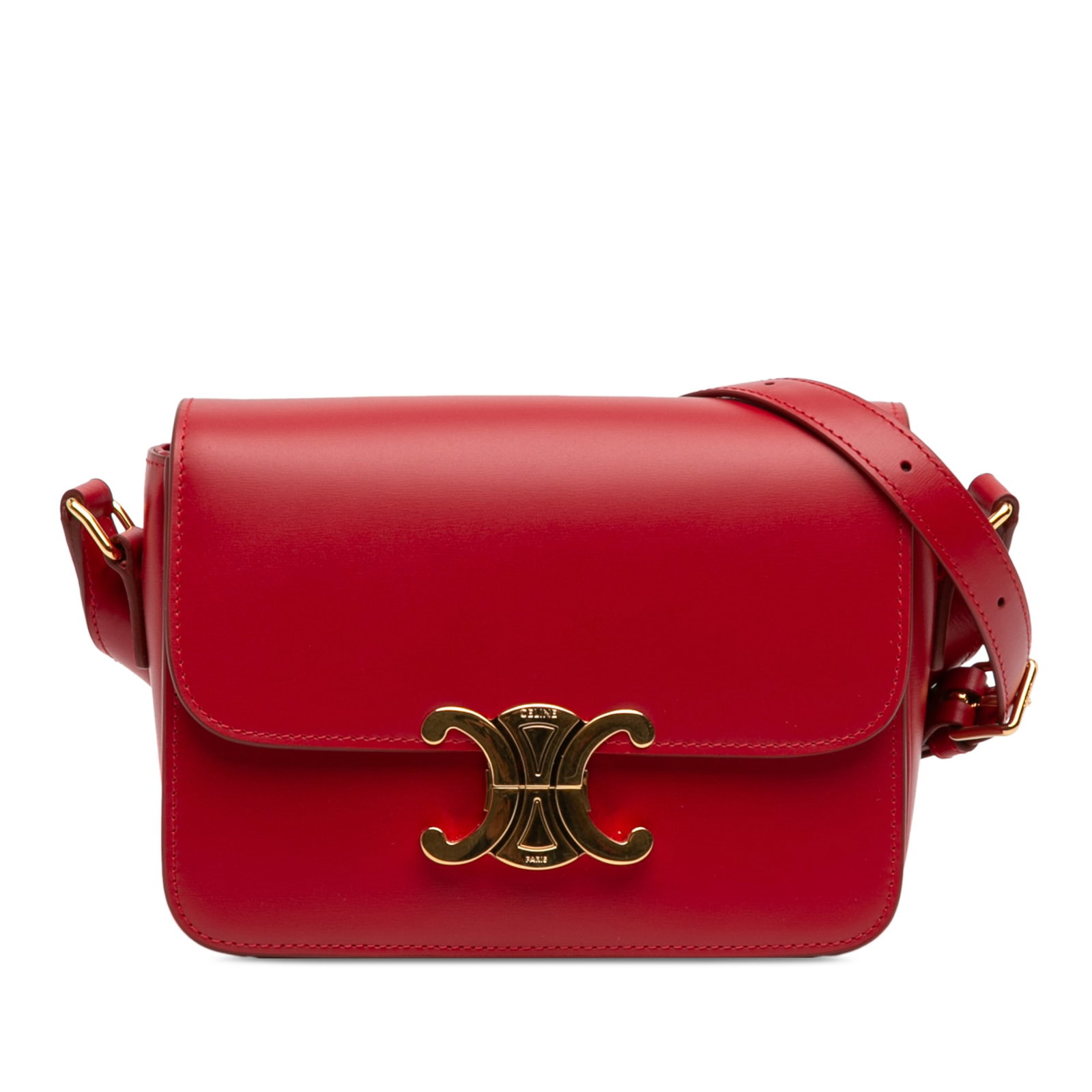 Celine Teen Triomphe Red Leather Crossbody Bag with Push Lock Flap: Celine Teen Triomphe Red Leather Crossbody Bag with Push Lock Flap This Celine Teen Triomphe crossbody bag features a sleek leather body in red, a flat leather shoulder strap, a front flap with a push