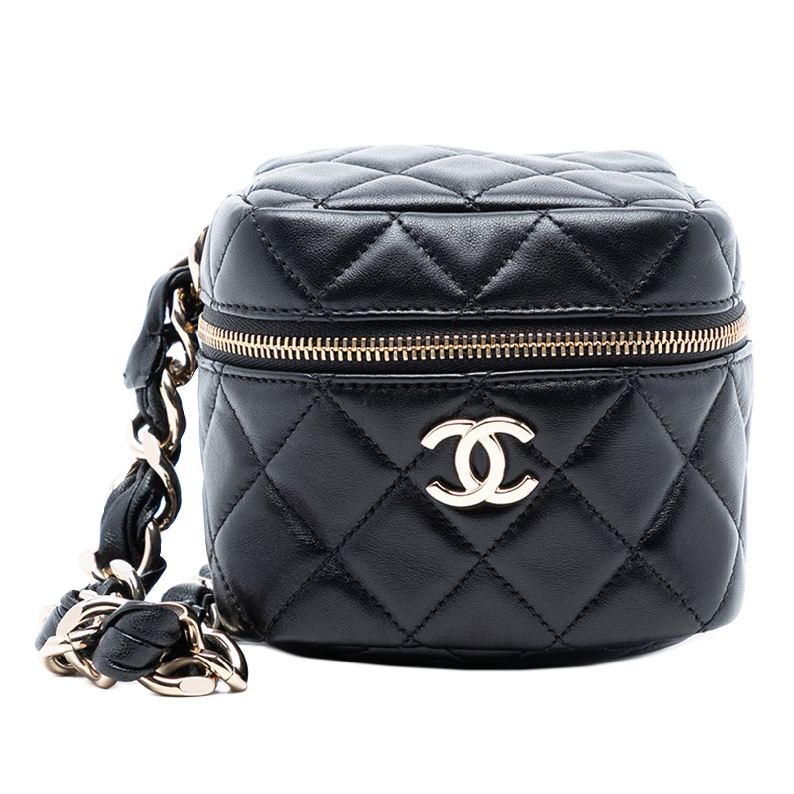 Chanel CC Lambskin Quilted Cube Vanity Wristlet Bag Black Leather France: Chanel CC Lambskin Quilted Cube Vanity Wristlet Bag Black Leather France This Chanel CC Quilted Lambskin Cube Wristlet Vanity Case features a signature quilted leather body, a leather-woven chain stra