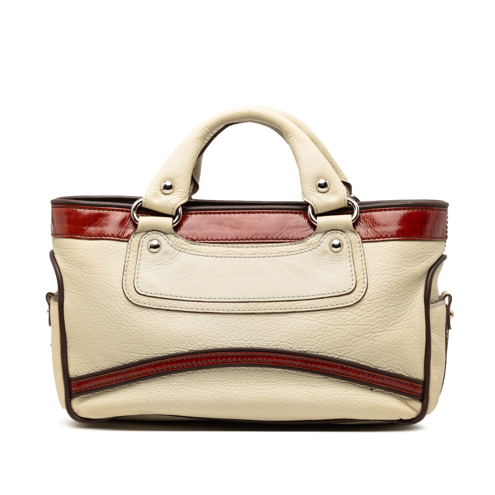 Celine Boogie White Tricolor Leather Tote with Side Pockets: Celine Boogie White Tricolor Leather Tote with Side Pockets This Celine Boogie handbag features a tricolor leather body with rolled leather handles, an open top, exterior side slip pockets, and interi