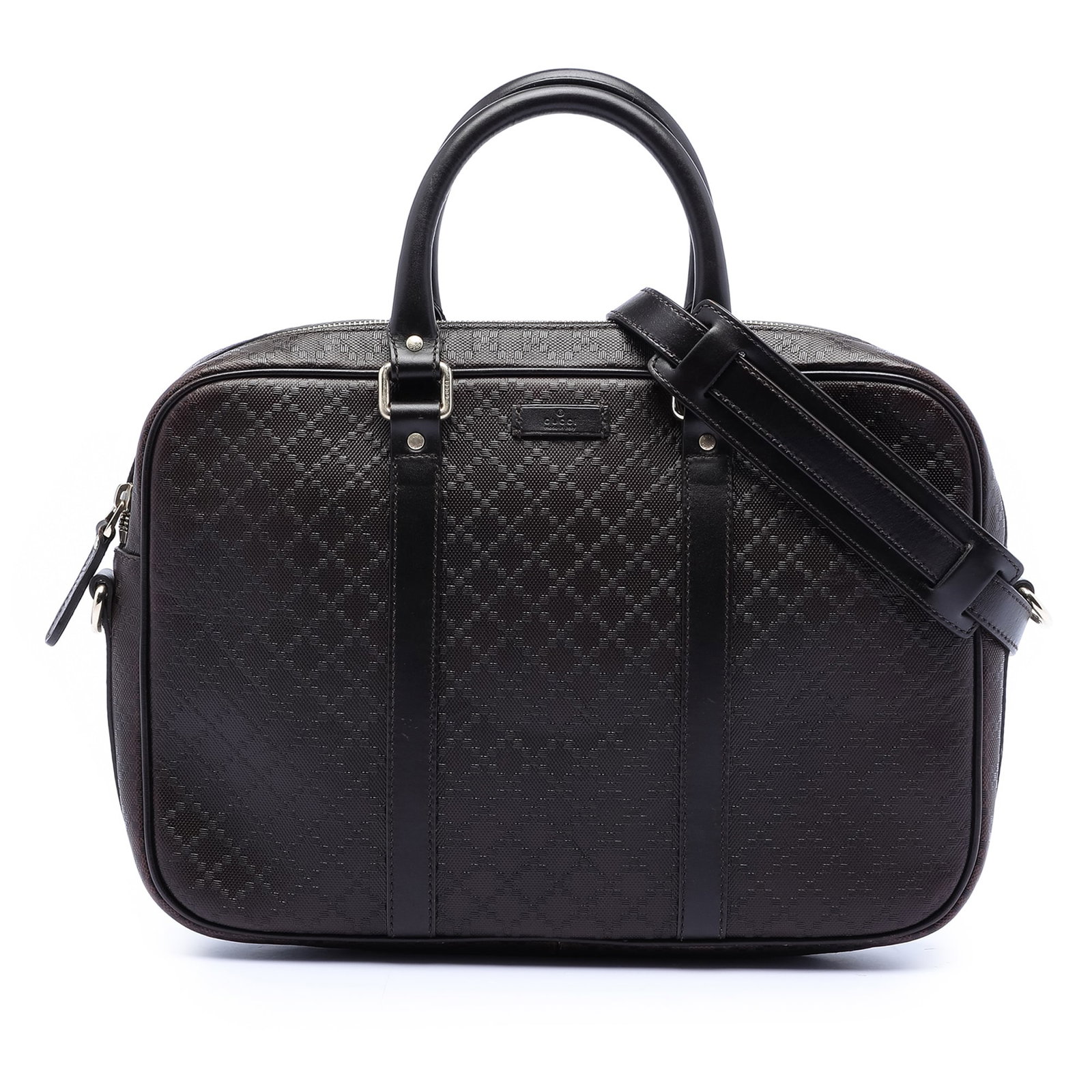 Gucci Diamante Medium Brown Leather Business Briefcase with Detachable Strap: Gucci Diamante Medium Brown Leather Business Briefcase with Detachable Strap This business bag features a brown leather body with a Diamante pattern, rolled leather handles, a top zip closure, and a d
