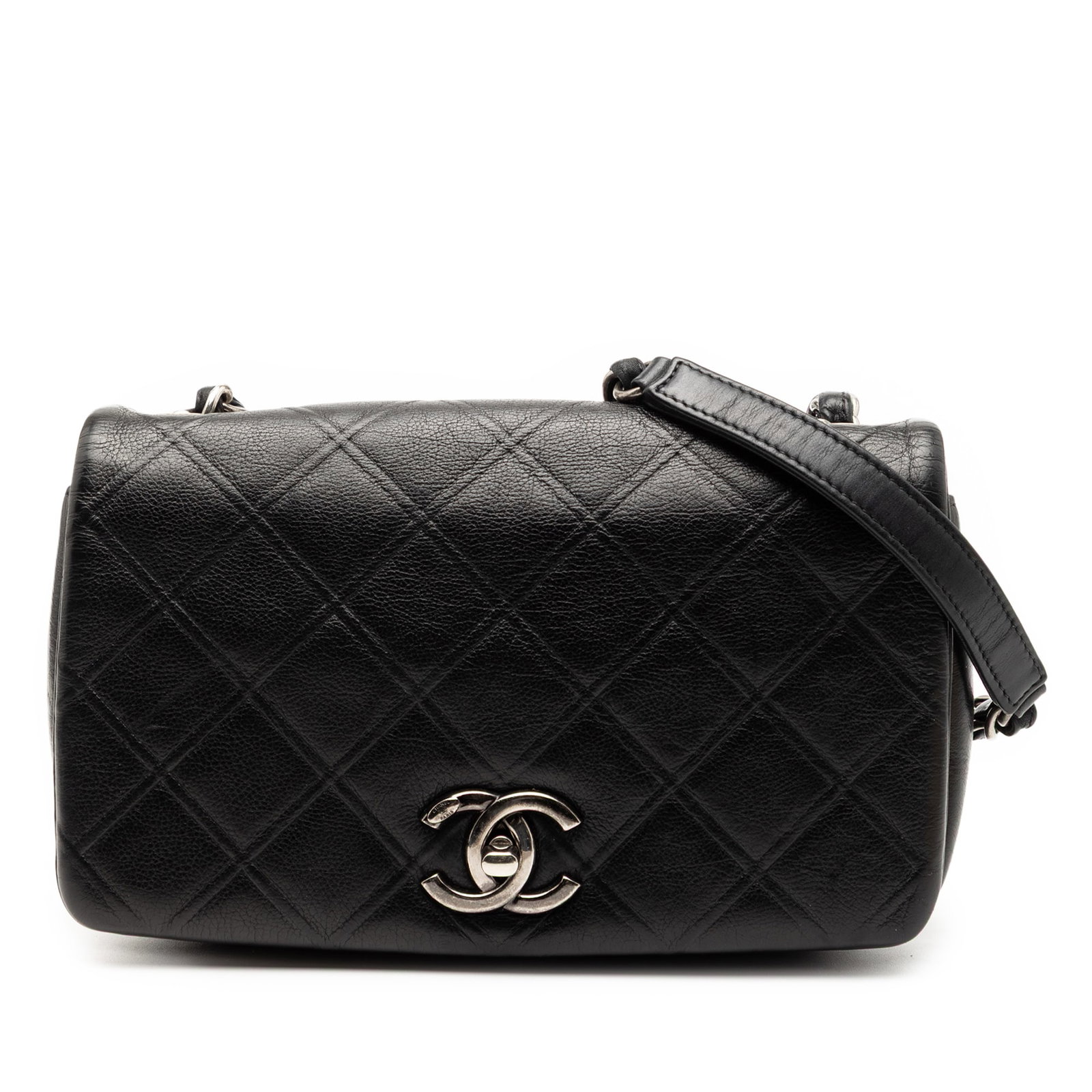 Chanel Small New Chic Flap Black Diamond Embossed Calfskin Crossbody Bag: Chanel Small New Chic Flap Black Diamond Embossed Calfskin Crossbody Bag This Chanel Small Diamond Embossed Calfskin New Chic Flap is a black crossbody bag crafted in embossed calfskin leather. It fea