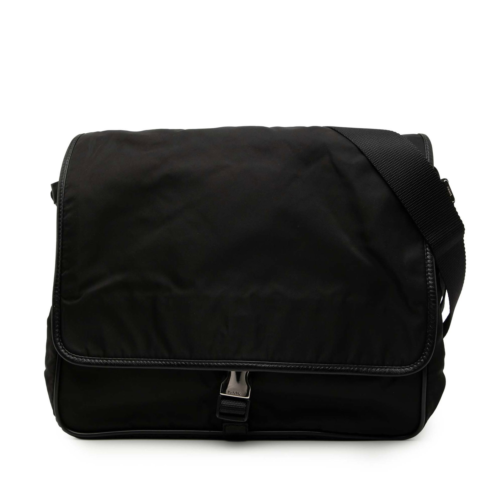 Prada Tessuto Nylon Messenger Bag with Saffiano Leather Trim: Prada Tessuto Nylon Messenger Bag with Saffiano Leather Trim This Prada Saffiano Trimmed Tessuto Buckle Messenger Bag features a durable nylon body accented with saffiano leather trim. It is designed 