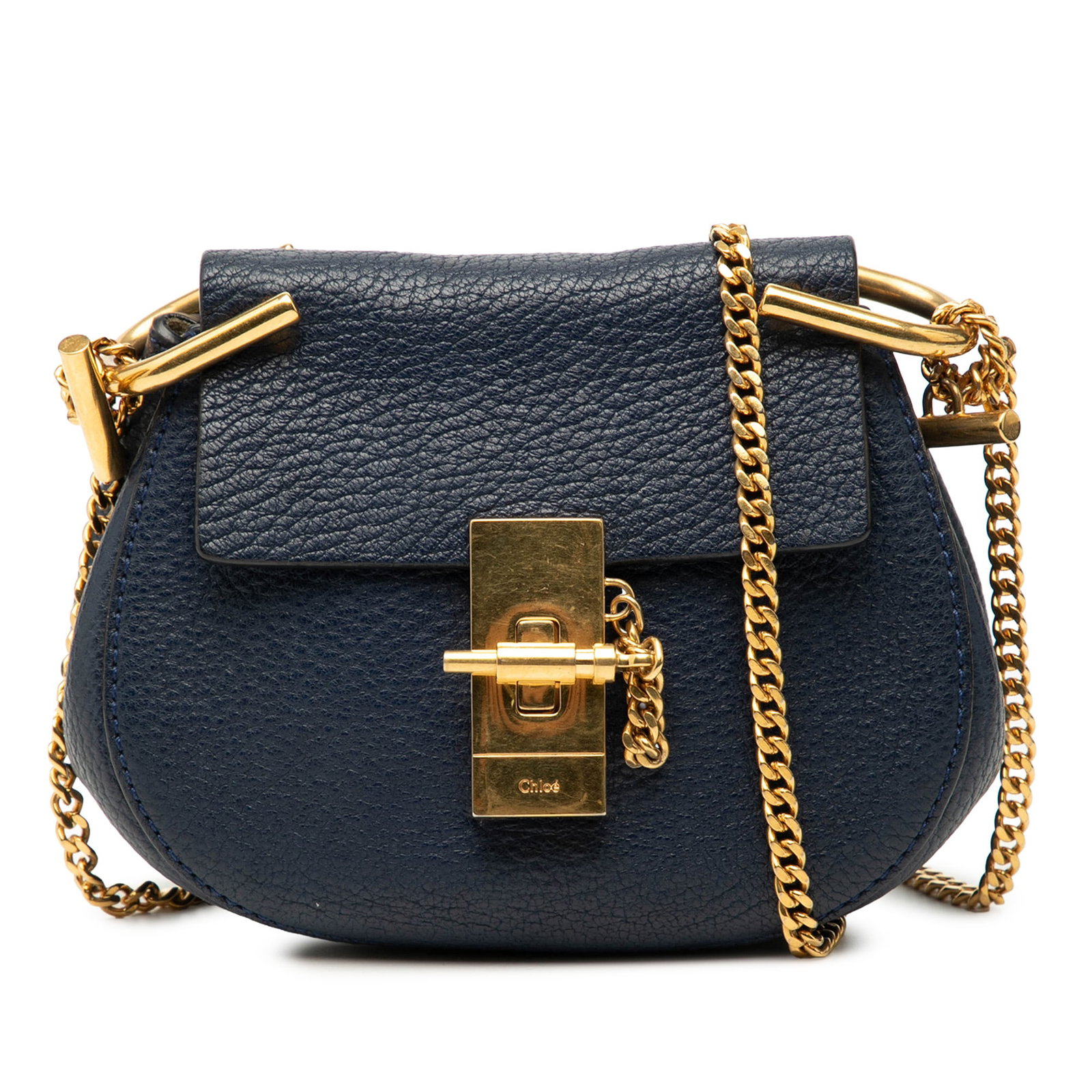 Chloe Drew Mini Blue Leather Crossbody Bag with Gold Chain Strap: Chloe Drew Mini Blue Leather Crossbody Bag with Gold Chain Strap This Chloe Mini Leather Drew Crossbody features a blue leather body with a gold-toned chain strap, a top flap secured by a pin-lock clo