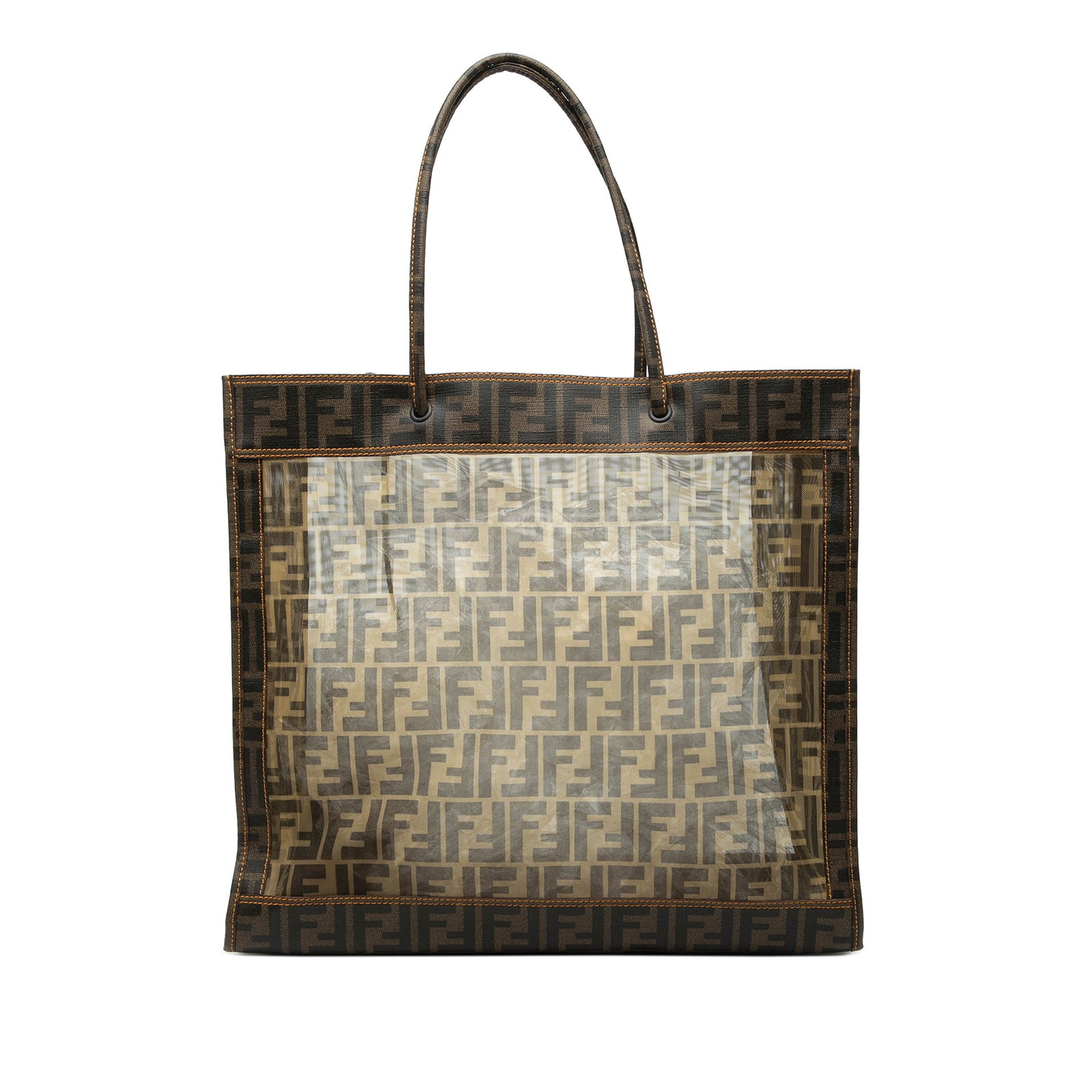 Fendi Zucca Pattern Mesh Tote Bag with Canvas Trim: Fendi Zucca Pattern Mesh Tote Bag with Canvas Trim This Fendi Large Zucca Mesh Tote features a mesh body with coated canvas trim, flat straps, and an open top. The bag includes a pouch and is crafted 