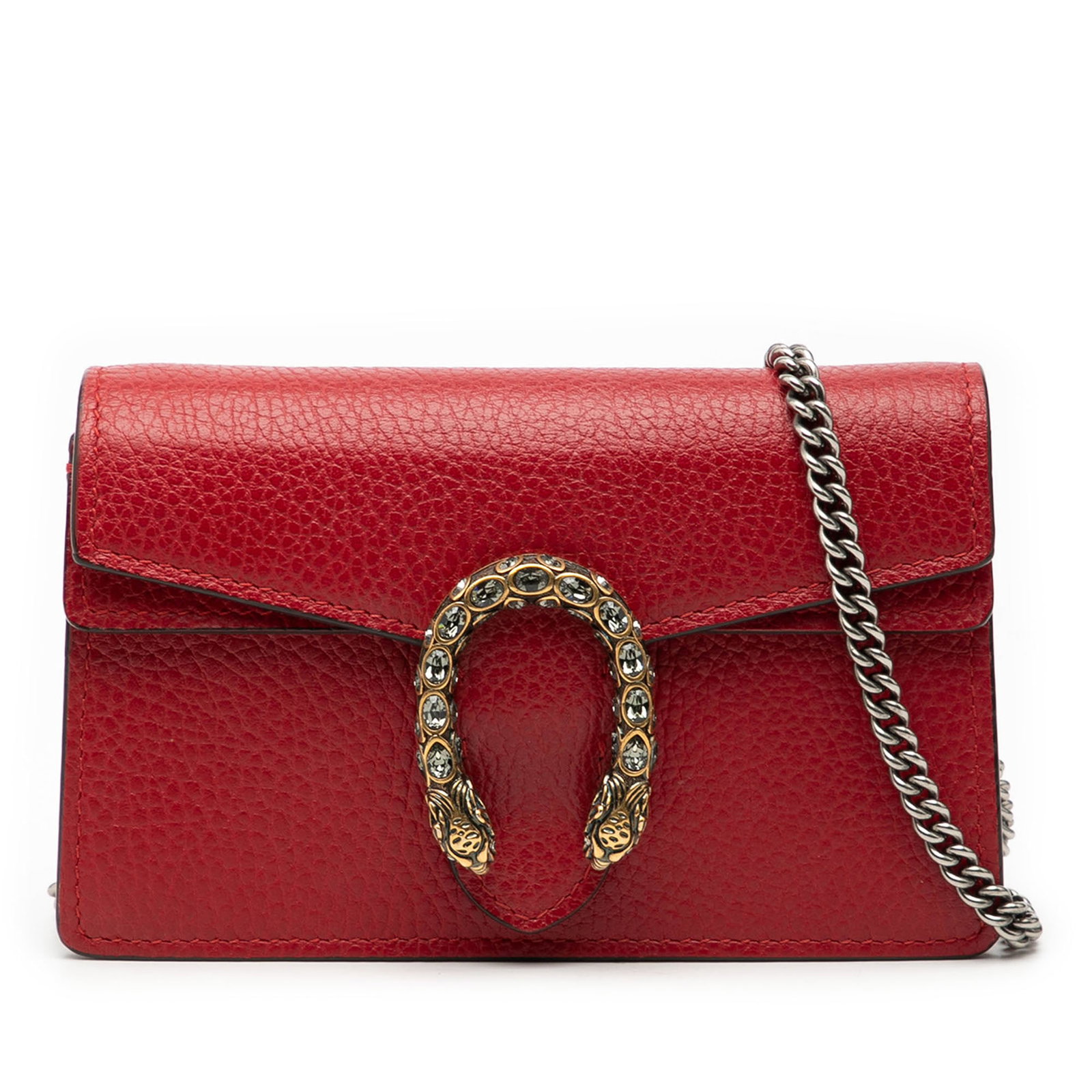 Red Mini Dionysus Leather Crossbody Bag by Gucci: Red Mini Dionysus Leather Crossbody Bag by Gucci This Gucci Mini Leather Dionysus Crossbody features a red leather body, a chain link shoulder strap, and a flap with a snap closure. The bag shows sign
