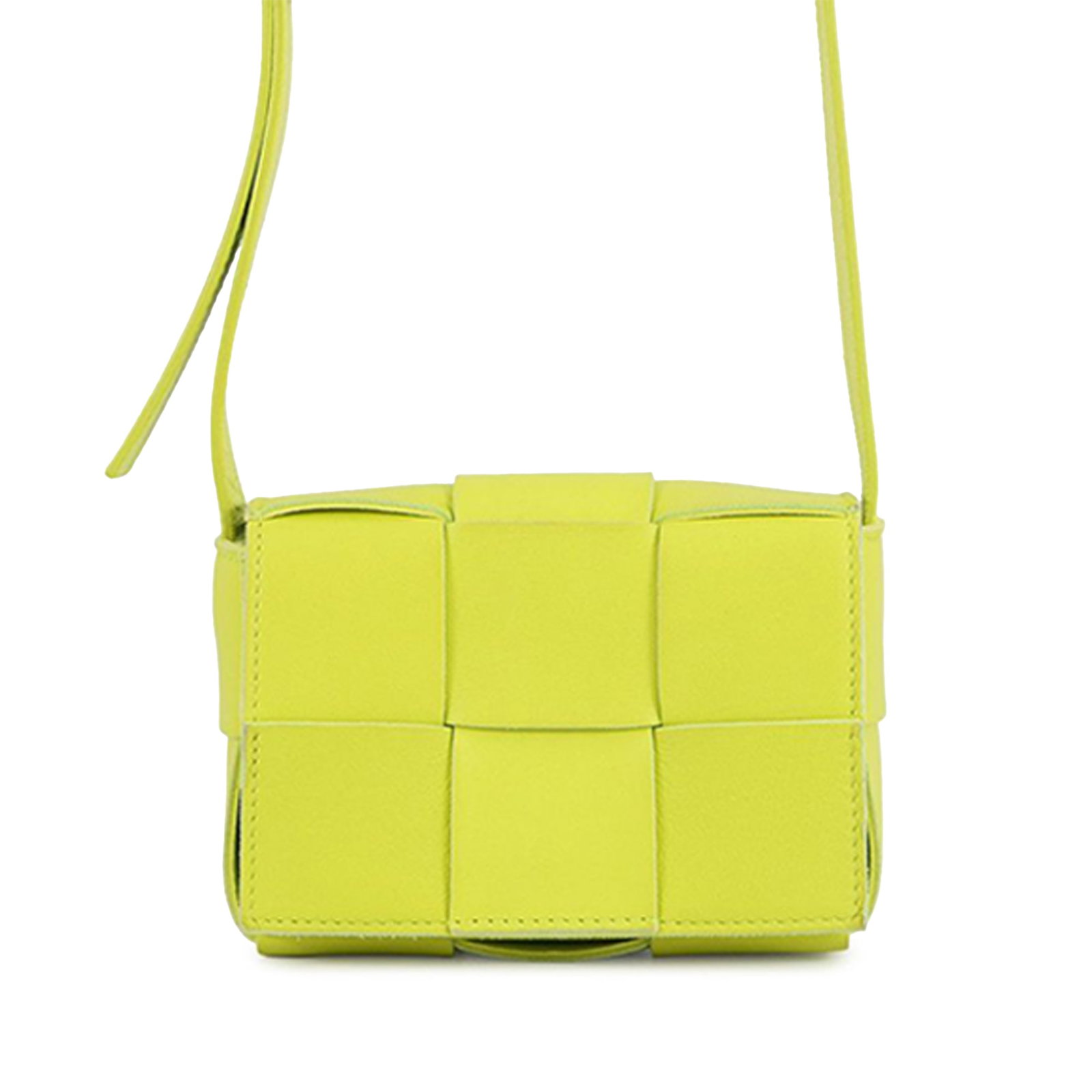 Bottega Veneta Extra Mini Yellow Maxi Intrecciato Nappa Leather Crossbody Bag: Bottega Veneta Extra Mini Yellow Maxi Intrecciato Nappa Leather Crossbody Bag This extra mini crossbody bag features Bottega Veneta's signature maxi intrecciato woven nappa leather in yellow. It has a