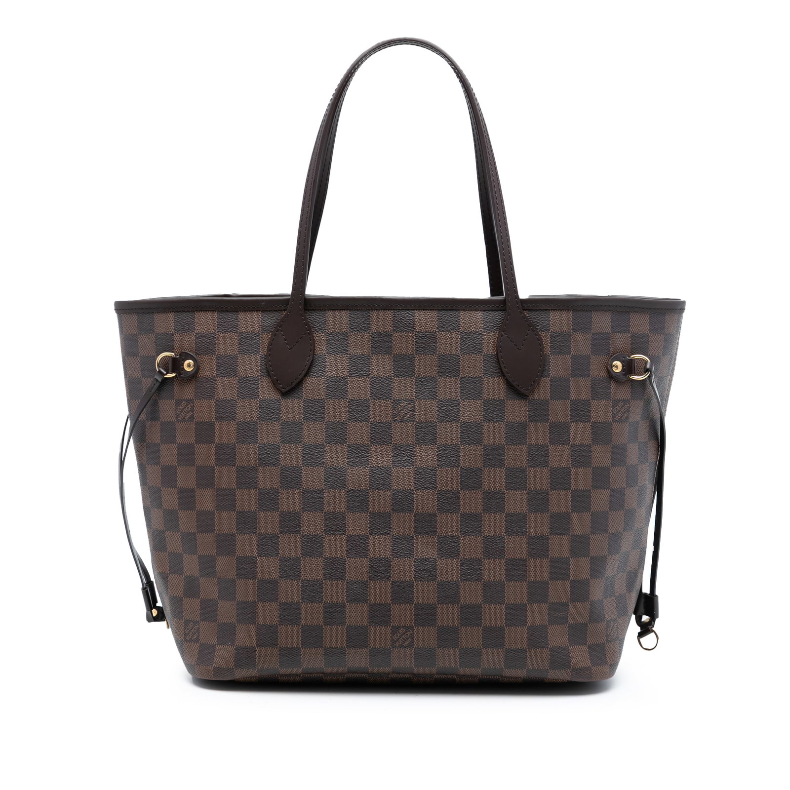 Louis Vuitton Neverfull MM Tote in Damier Ebene Canvas with Leather Trim: Louis Vuitton Neverfull MM Tote in Damier Ebene Canvas with Leather Trim This Louis Vuitton Neverfull MM handbag showcases the iconic Damier Ebene canvas with leather trim. It features flat leather sh