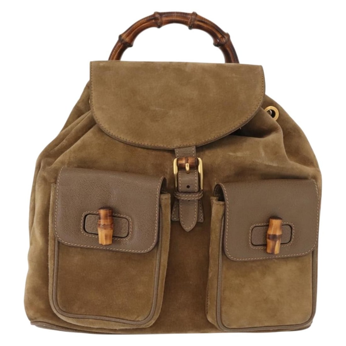 Gucci Suede Vintage Bamboo Backpack Brown Female 30cm by 28cm: Gucci Suede Vintage Bamboo Backpack Brown Female 30cm by 28cm This vintage Gucci bamboo backpack is crafted from brown suede, designed for women. The pre-owned backpack shows minor signs of use includ