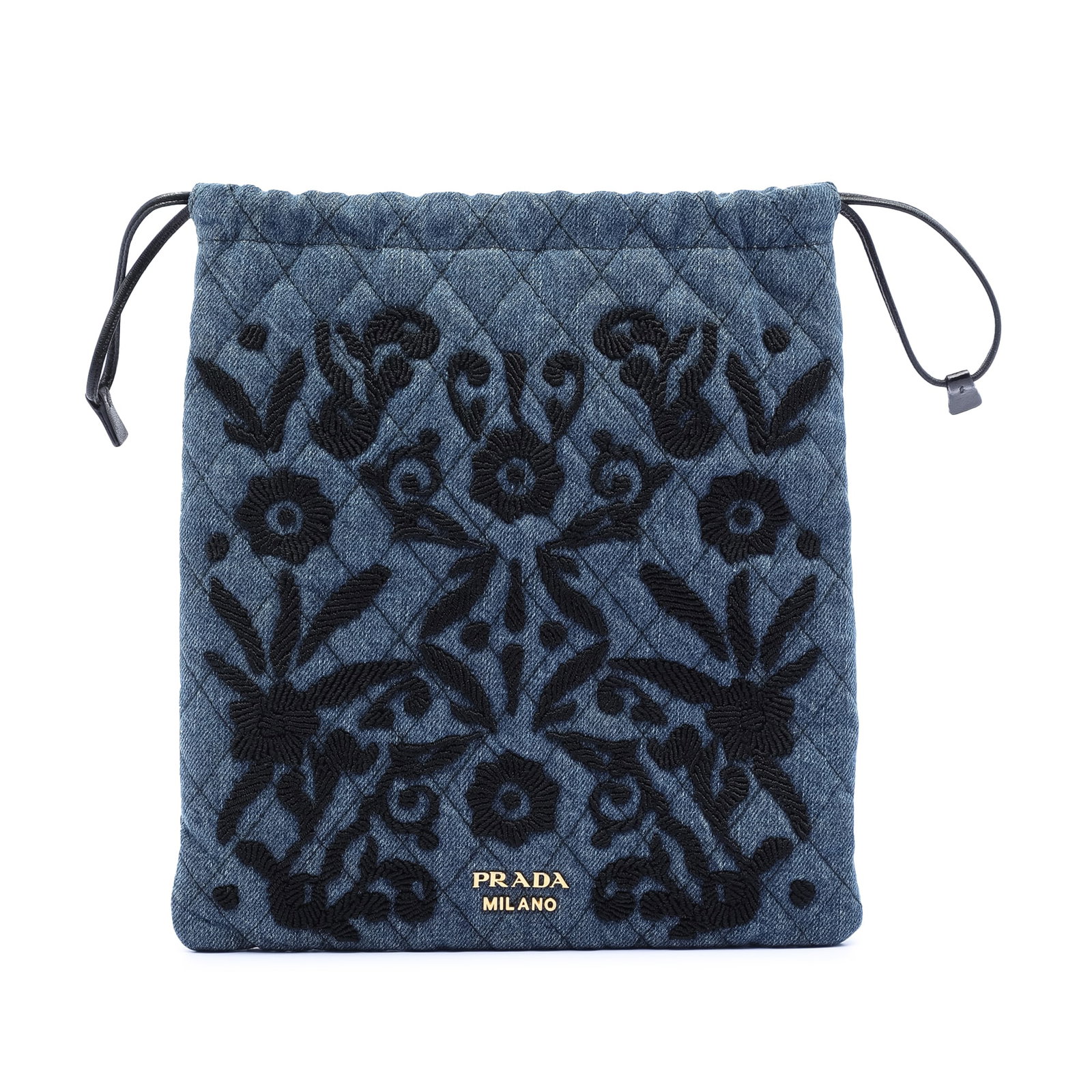Quilted Denim Drawstring Pouch with Embroidery by Prada Impuntu: Quilted Denim Drawstring Pouch with Embroidery by Prada Impuntu This Prada Impuntu pouch features a quilted and embroidered denim exterior in blue, designed with an open top and secure drawstring clos