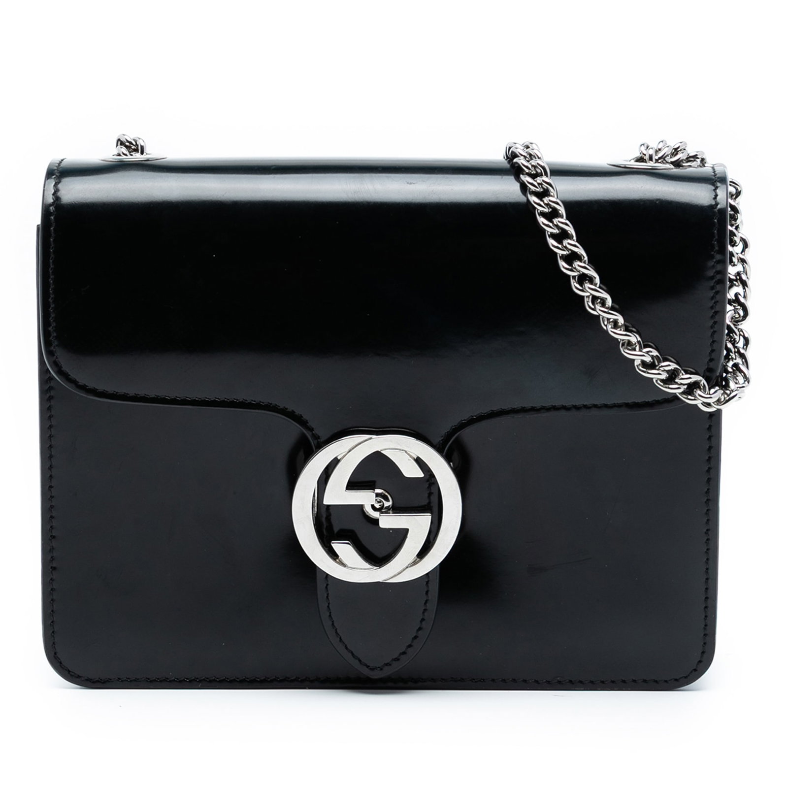 Gucci Black Leather Crossbody Bag with Interlocking G Flap Closure: Gucci Black Leather Crossbody Bag with Interlocking G Flap Closure This crossbody bag features a polished leather body in black, a silver-tone chain link strap, a flap with GG flip-lock closure, and a