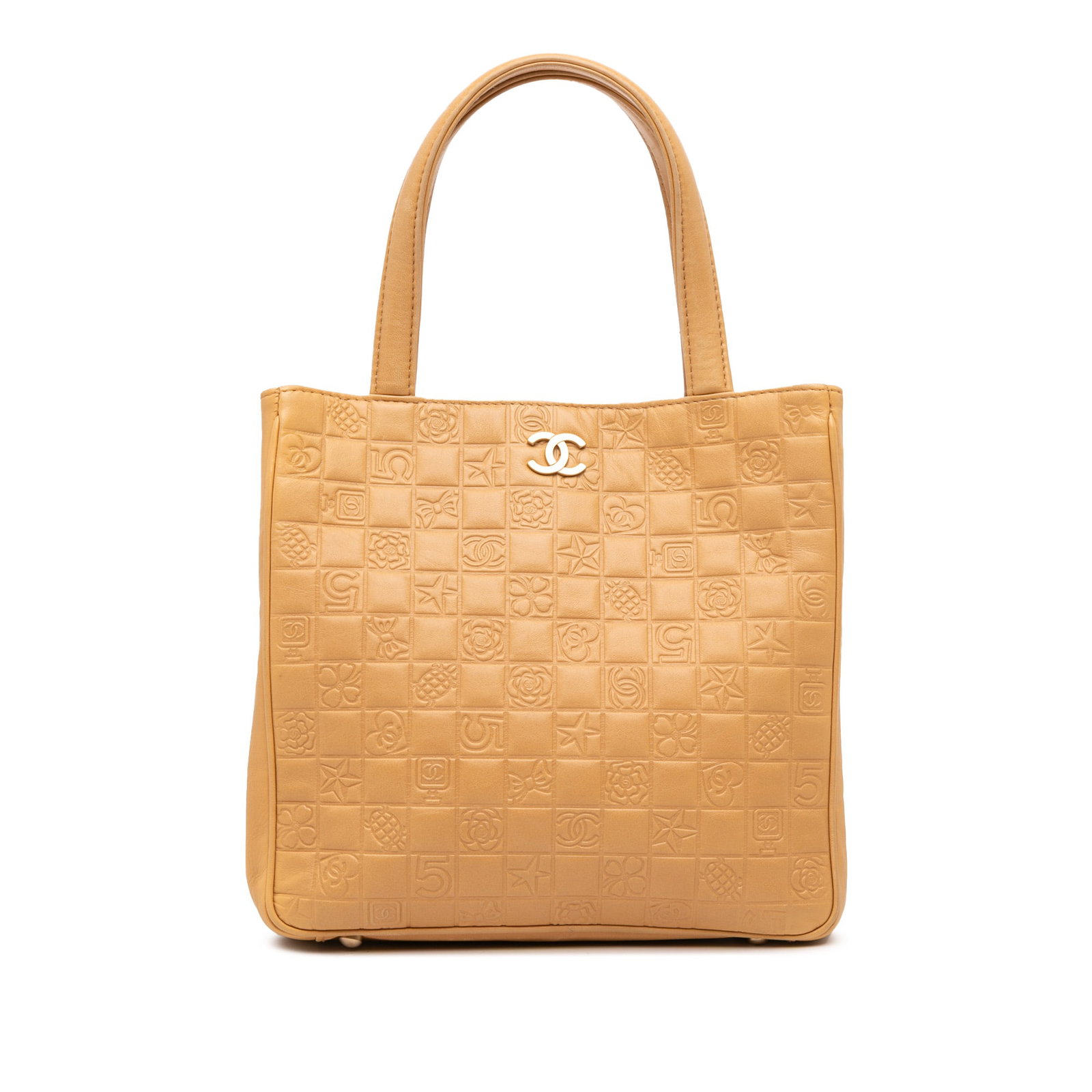 Chanel CC Embossed Brown Lambskin Precious Symbols Tote: Chanel CC Embossed Brown Lambskin Precious Symbols Tote This exquisite Chanel CC Embossed Lambskin Precious Symbols Tote is crafted from luxurious lambskin leather. It features flat leather straps and