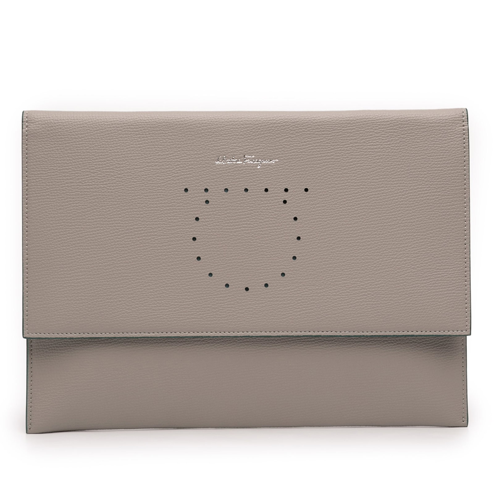 Brown Leather Gancini Wristlet Clutch by Ferragamo: Brown Leather Gancini Wristlet Clutch by Ferragamo This Ferragamo Gancini clutch is crafted from brown leather and features a front flap closure, a flat leather wrist strap, and an interior slip pocke