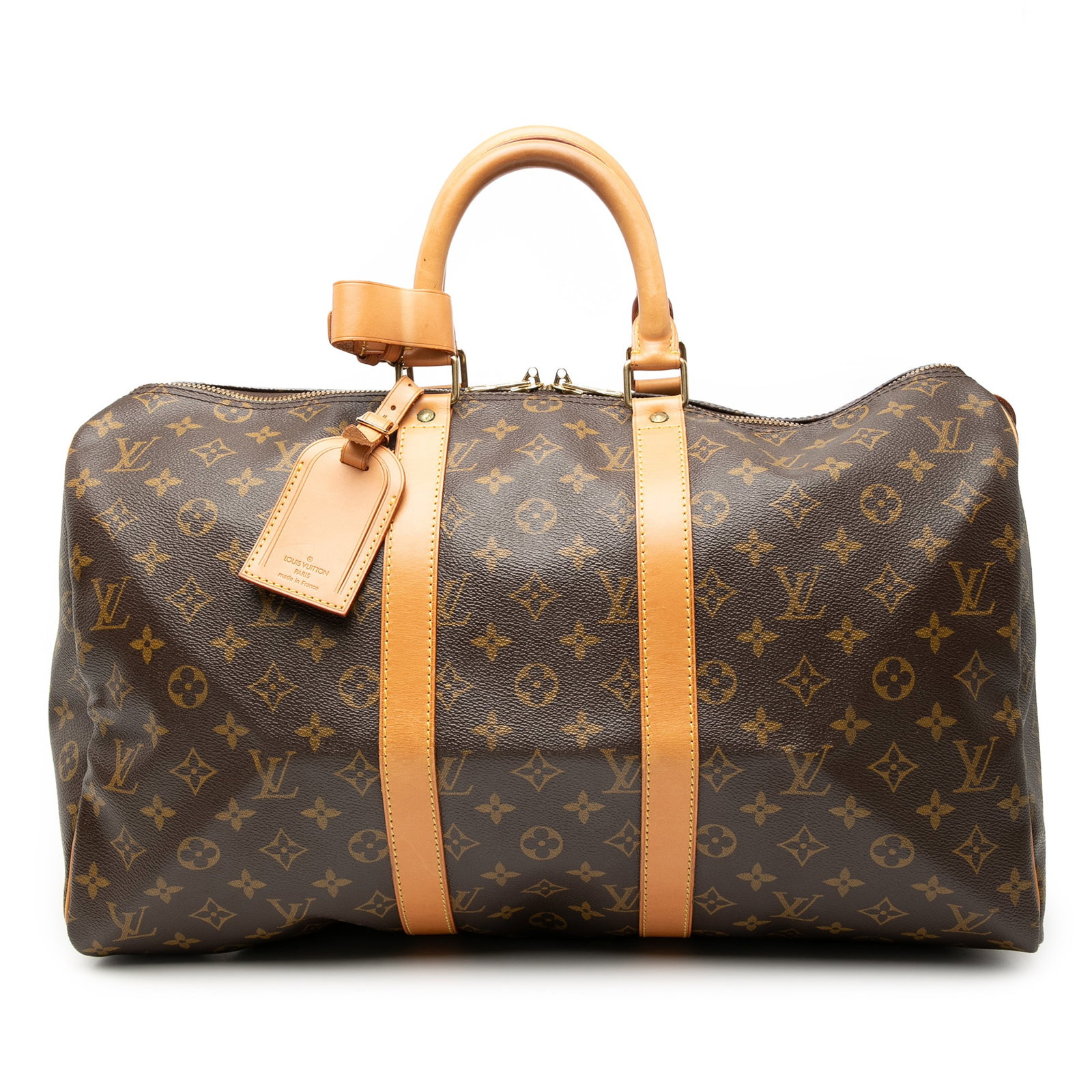 Louis Vuitton Keepall 45 Brown Monogram Canvas Travel Bag with Leather Trim: Louis Vuitton Keepall 45 Brown Monogram Canvas Travel Bag with Leather Trim This Louis Vuitton Monogram Keepall 45 features a classic monogram canvas body with vachetta leather trim and rolled vachett