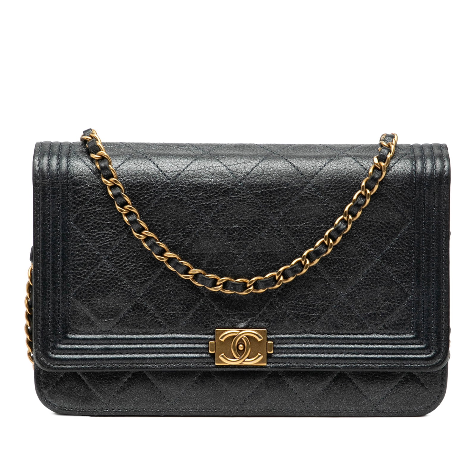 Chanel Boy Black Quilted Calfskin Wallet on Chain with Strap: Chanel Boy Black Quilted Calfskin Wallet on Chain with Strap This Chanel Boy Wallet on Chain features a quilted black calfskin leather body, a chain link strap with a leather guard, a front flap with 
