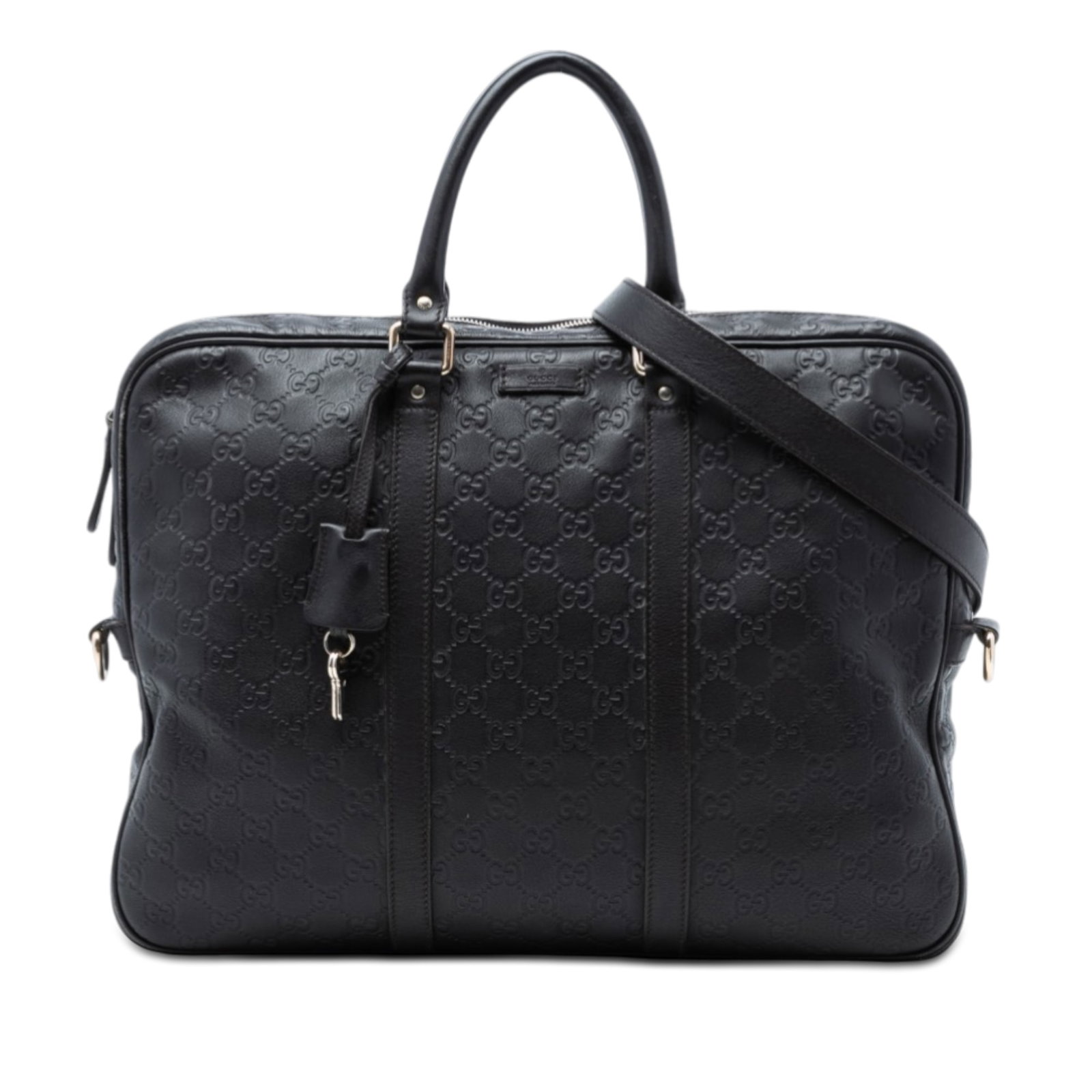 Gucci Guccissima Black Leather Embossed Business Bag with Adjustable Strap: Gucci Guccissima Black Leather Embossed Business Bag with Adjustable Strap This Gucci Guccissima business bag is crafted from embossed leather and features rolled leather handles, an adjustable and de