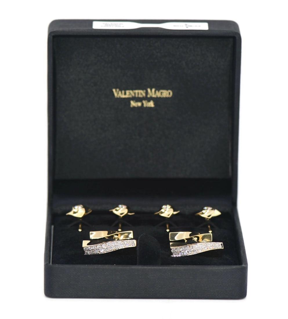 Valentin Magro 18K Yellow Gold Diamond Cufflinks Set with Box: Valentin Magro 18K Yellow Gold Diamond Cufflinks Set with Box Experience elegance with this exquisite set of cufflinks by Valentin Magro. Crafted from 18K yellow gold, these cufflinks feature a sophis