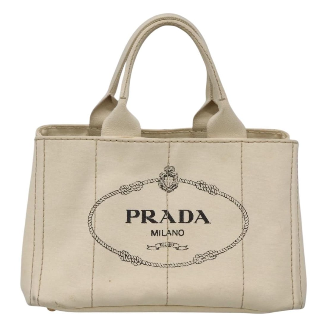 White Canvas Canapa Tote Bag by Prada Italy 33cm: White Canvas Canapa Tote Bag by Prada Italy 33cm This Prada Canapa Tote is crafted from white canvas and designed for women. The bag features a spacious interior and is accented with subtle metal fitt