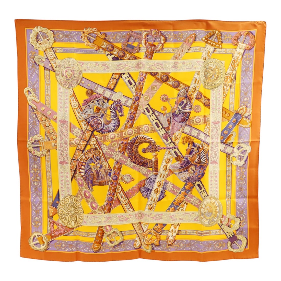 Hermes Silk Women's Scarf in Yellow and Multicolor 90x90 France: Hermes Silk Women's Scarf in Yellow and Multicolor 90x90 France This Hermes scarf is crafted from luxurious silk and features a vibrant yellow, brown, and multicolor design. Made in France, it is desi