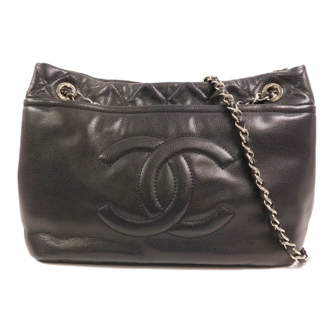 Black Calfskin Leather Shoulder Bag with Silver Chain by CHANEL: Black Calfskin Leather Shoulder Bag with Silver Chain by CHANEL This CHANEL shoulder bag features black calfskin leather with a classic CC design and silver-tone hardware. Designed for women, it offer